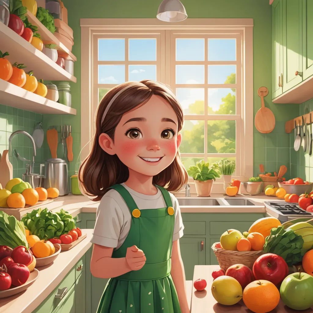 a girl standing in a kitchen with a bunch of fruit on the counter and a window in the background, photorealism, a storybook illustration, Diego Gisbert Llorens, trending on art station