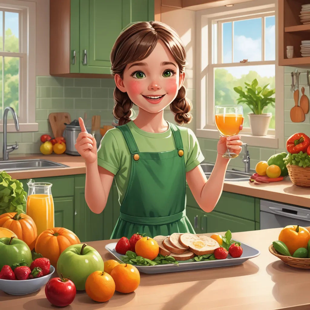 a girl holding a glass of orange juice in a kitchen with fruits and vegetables on the counter top and a plate of bread, photorealism, a storybook illustration, Alejandro Burdisio, trending on art station