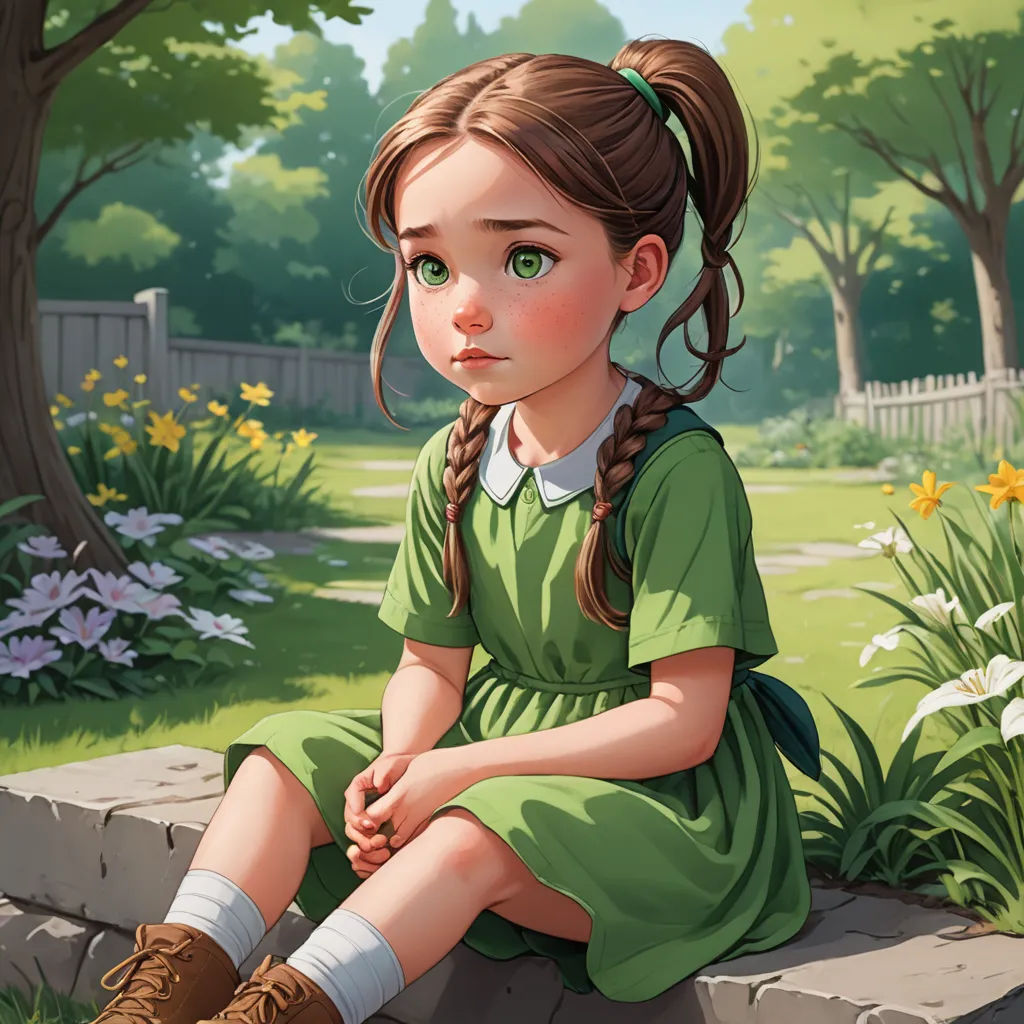 a painting of a girl sitting on a stone wall in a park with flowers and trees in the background, fantasy art, a storybook illustration, Brom, cushart krenz