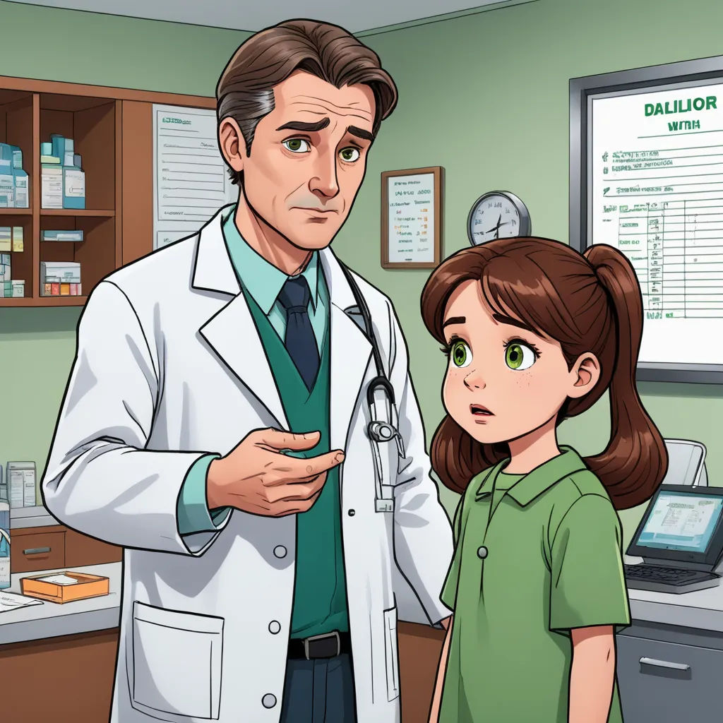 a cartoon of a doctor and a girl in a room with a medical chart on the wall behind them, remodernism, a character portrait, Dr. Atl, promotional image