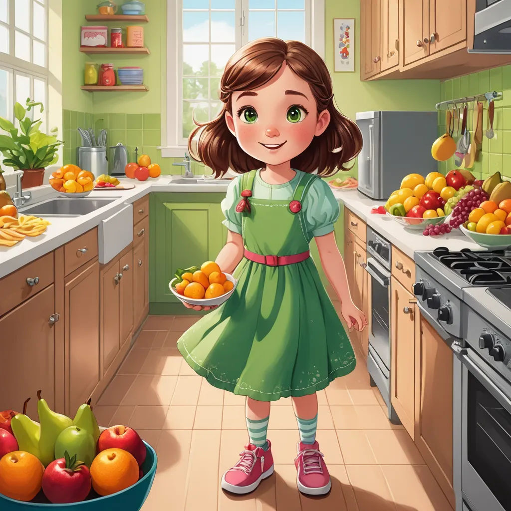 a girl in a green dress holding a bowl of fruit in a kitchen with a sink and stove top, lyco art, a storybook illustration, Caroline Lucy Scott, cgstudio