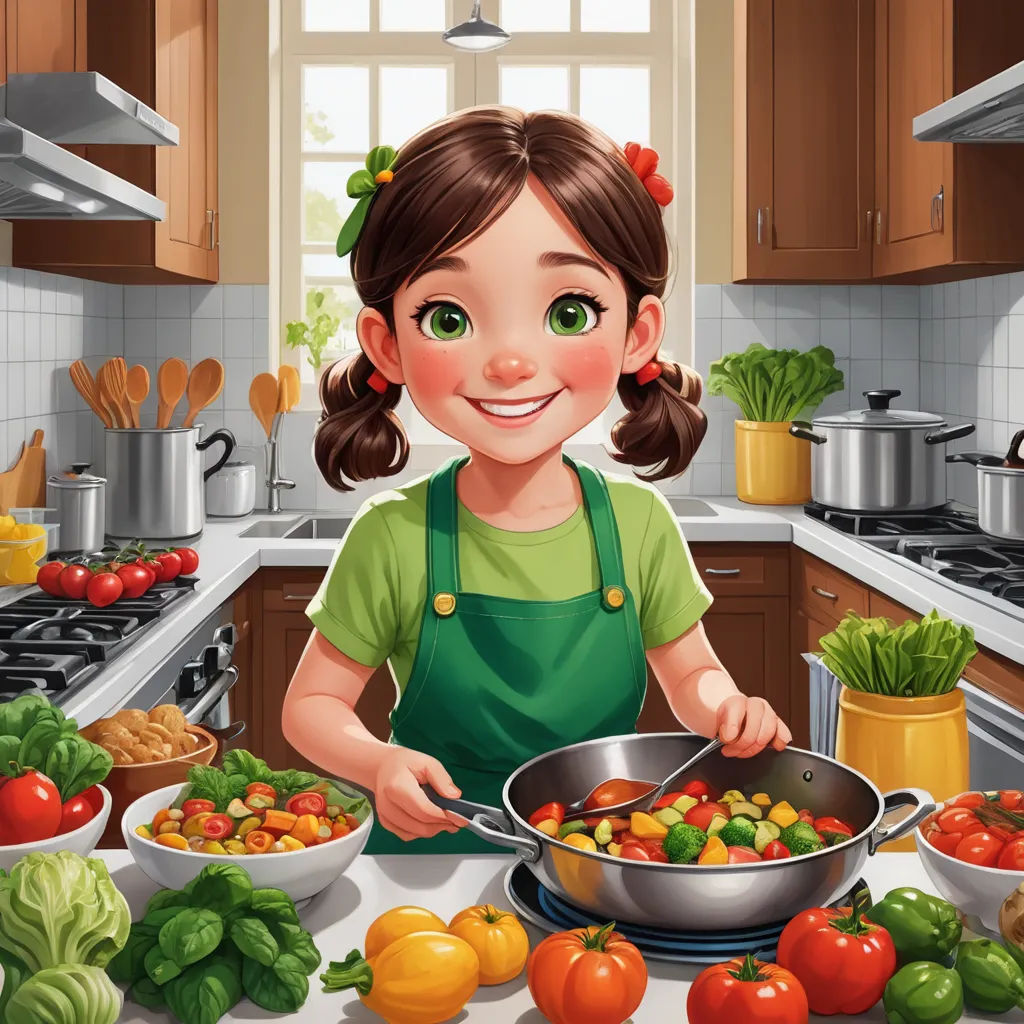 a girl cooking in the kitchen with lots of vegetables on the counter top and a pot of vegetables on the counter, photorealism, a storybook illustration, Elinor Proby Adams, trending on art station
