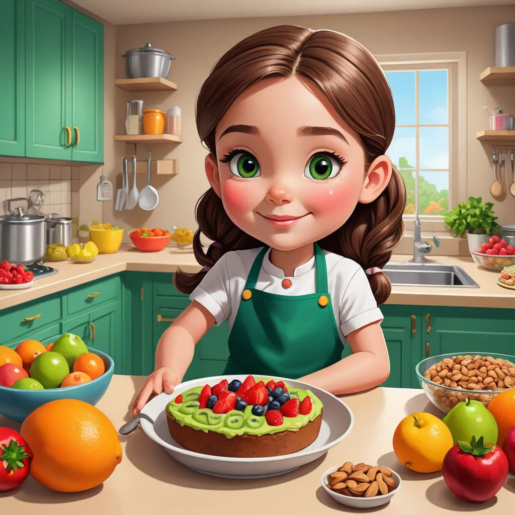 a cartoon girl is cutting a cake in the kitchen with fruit and nuts on the table and a bowl of fruit on the counter, lyco art, a storybook illustration, Elinor Proby Adams, highly detailed digital painting