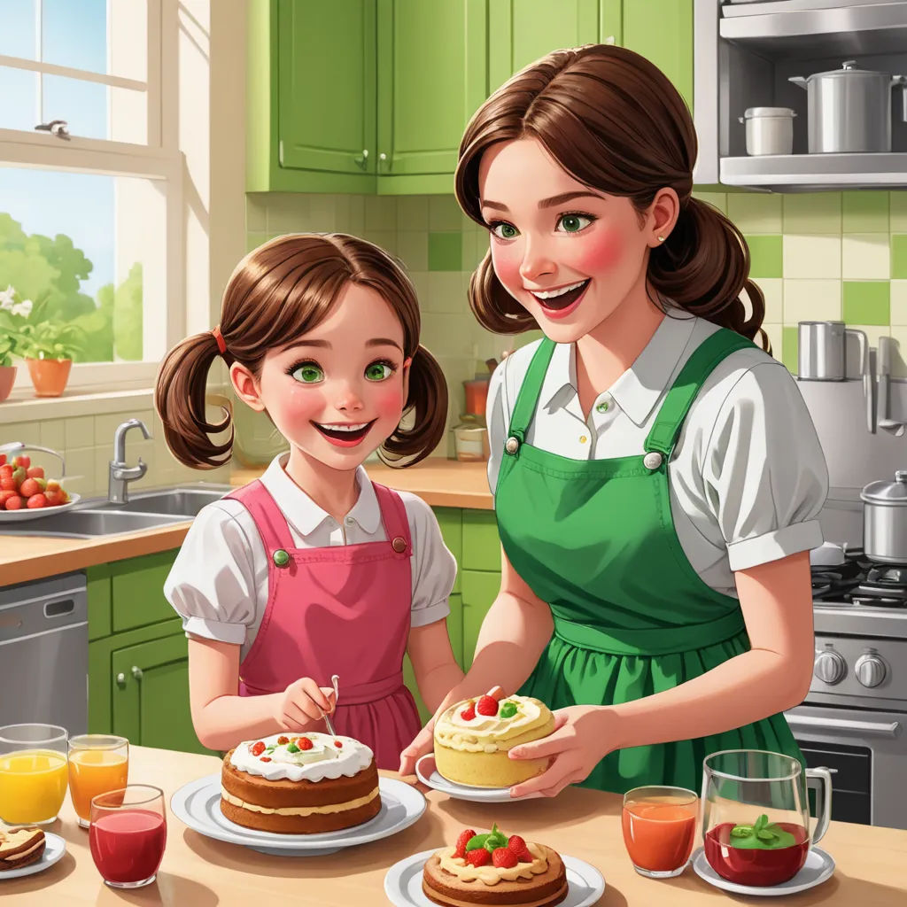 a mother and daughter preparing a cake together in the kitchen with a green background and a green wall behind them, american scene painting, a storybook illustration, Caroline Lucy Scott, storybook illustration