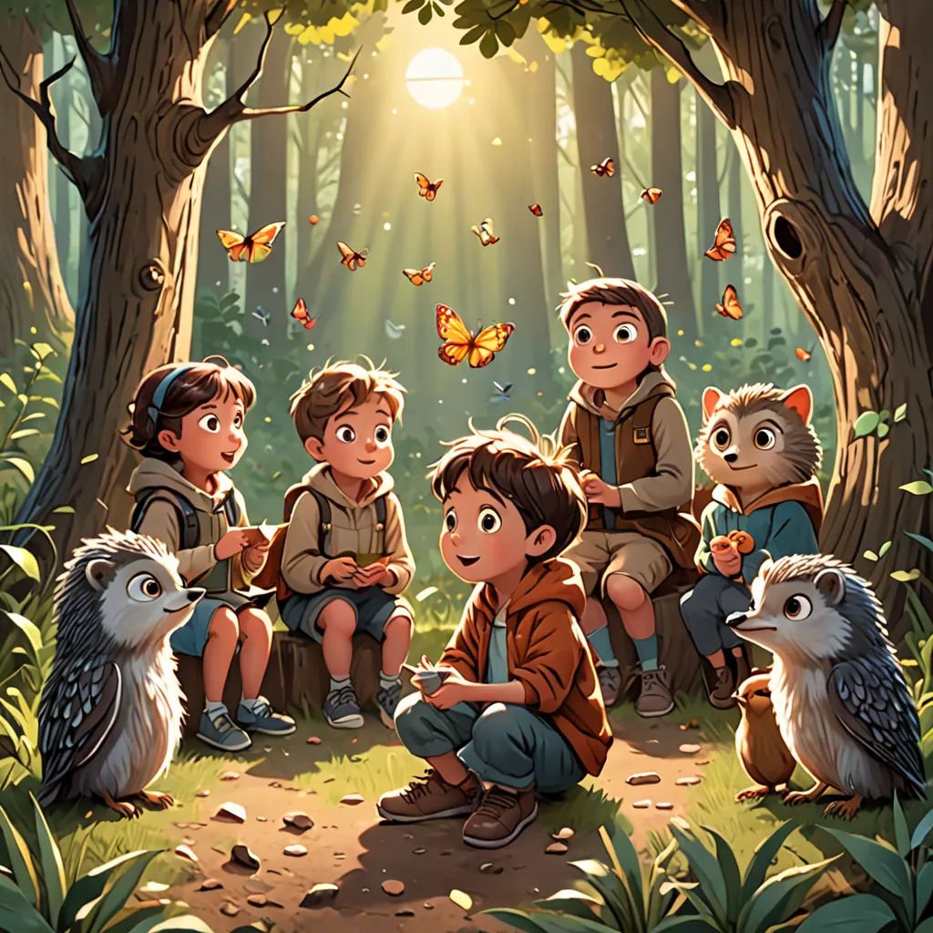 a group of children sitting on a log in the woods with a forest background and a forest scene with a forest scene with a forest scene with a group of animals and a boy, sots art, a storybook illustration, Dan Mumford, official art