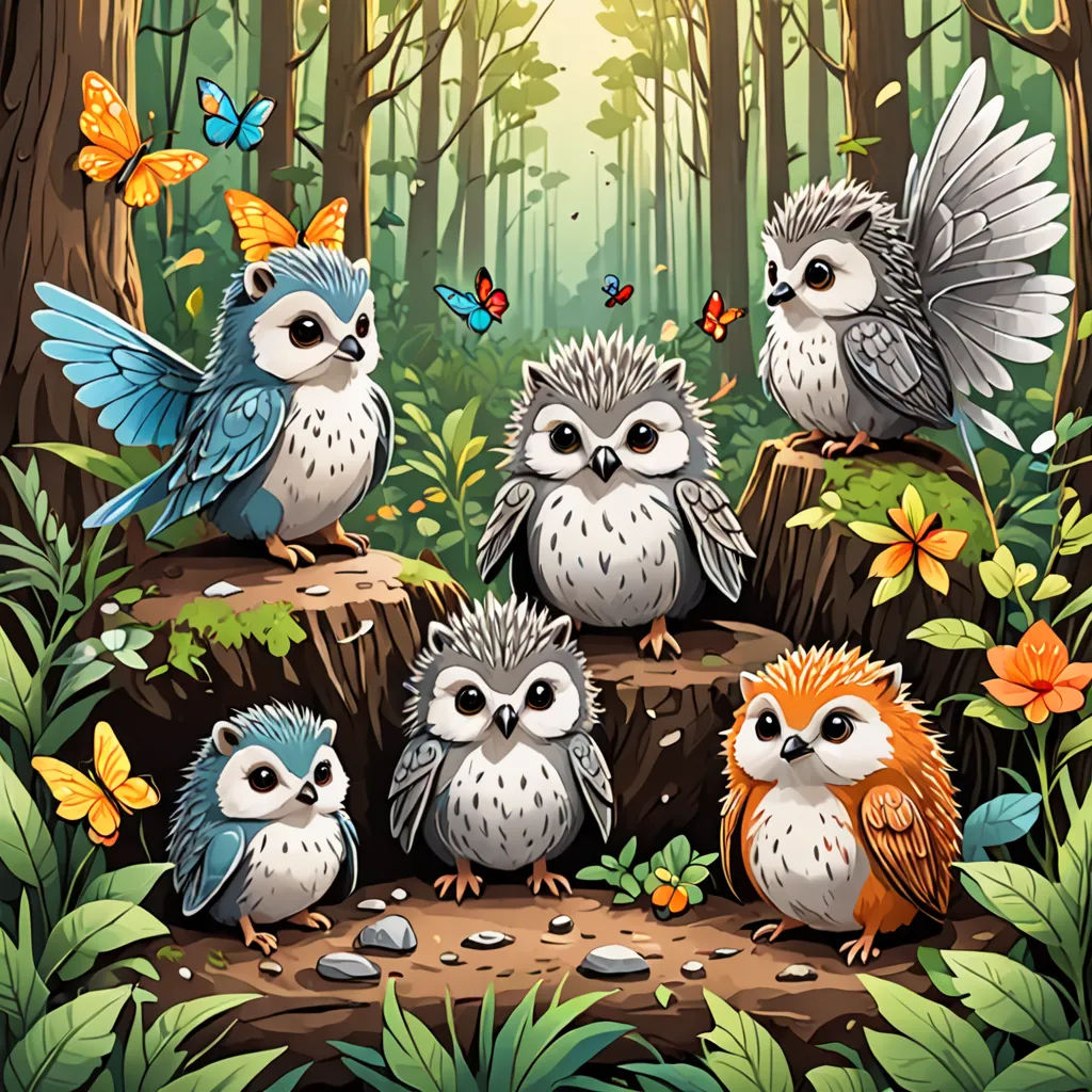 a group of owls sitting on a tree stump in the forest with butterflies flying around them and a butterfly on the tree, fantasy art, a storybook illustration, Dan Mumford, birds