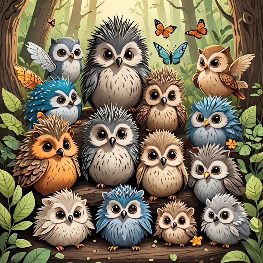 a group of owls sitting on a log in a forest with butterflies flying around them and a butterfly on the top of the owls, fantasy art, a storybook illustration, Dan Mumford, birds