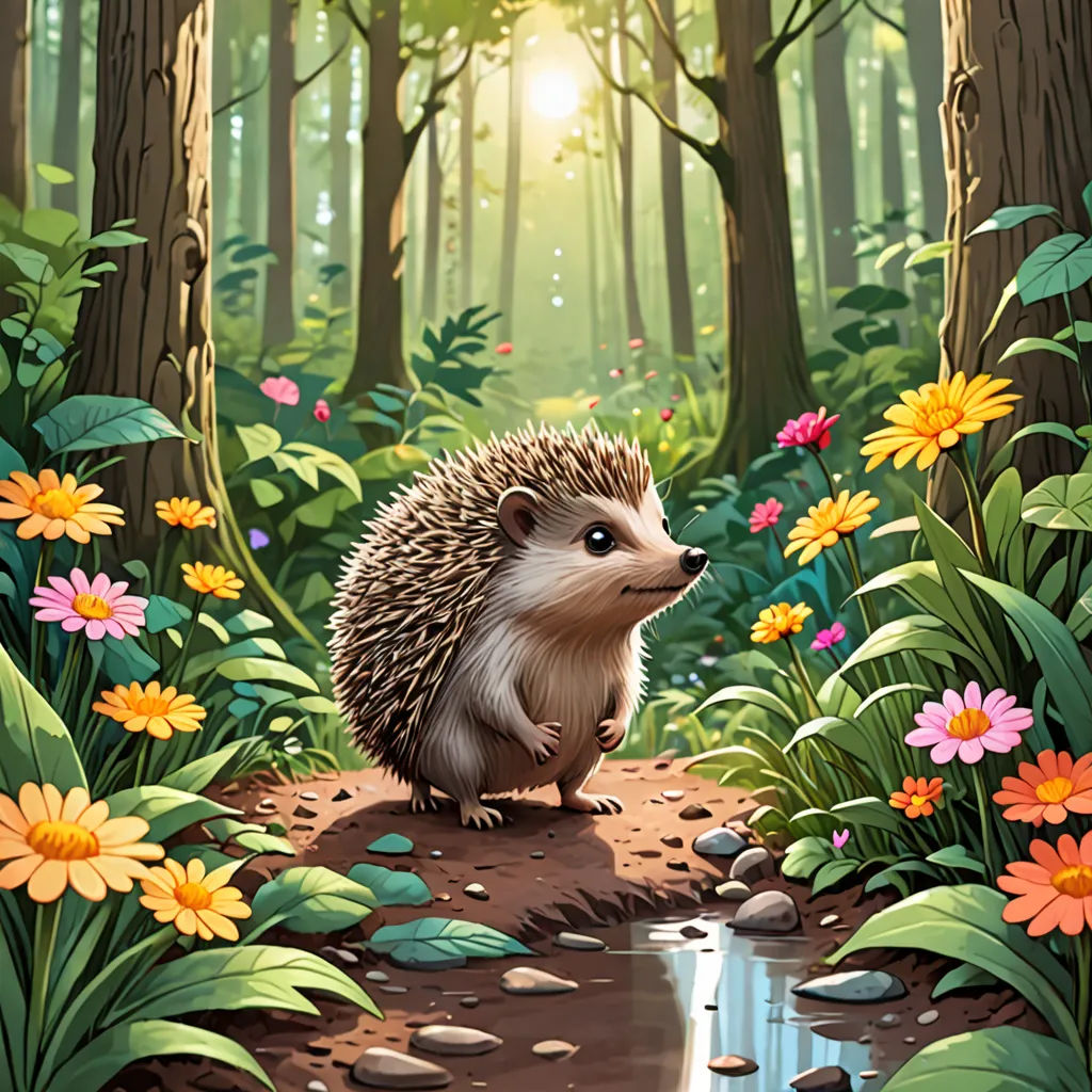 a hedgehog is sitting on a rock in a forest with flowers and rocks around it, looking at the camera, sots art, a storybook illustration, Chris LaBrooy, official art