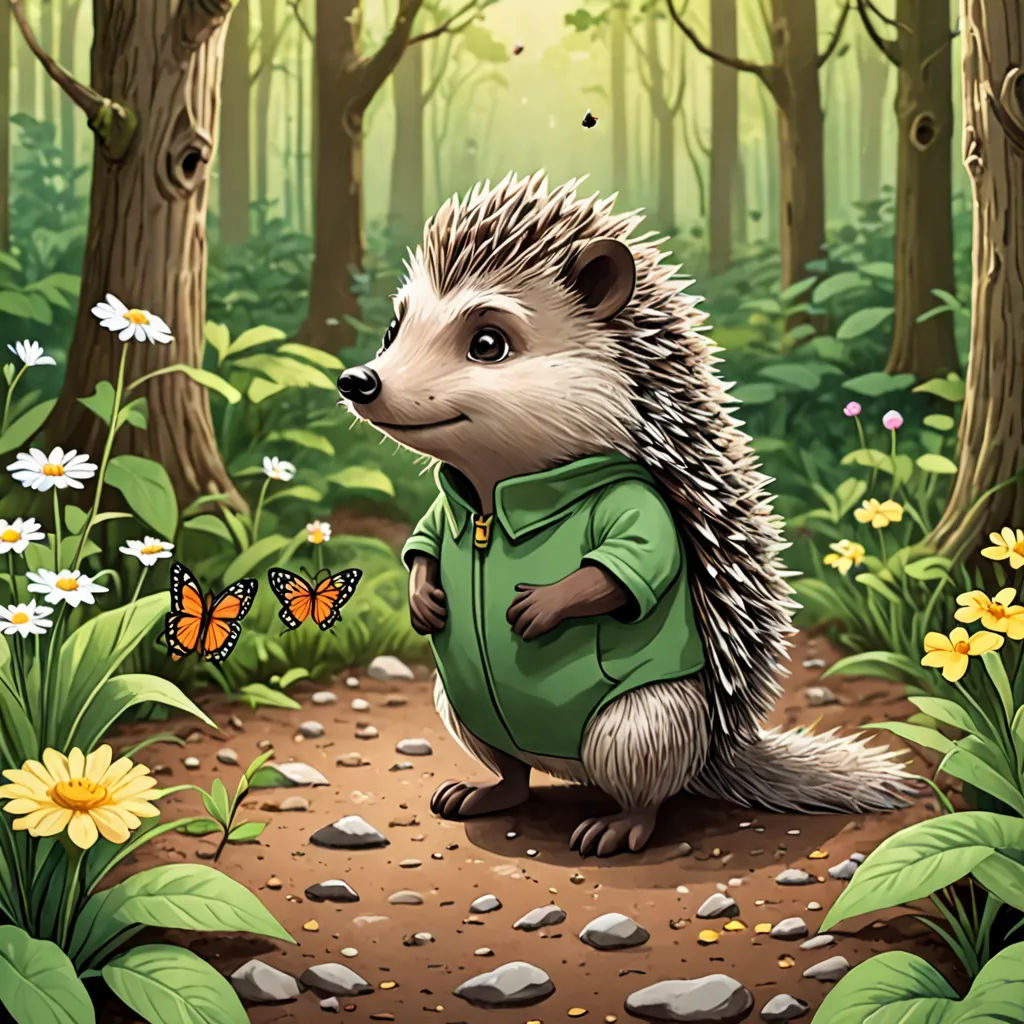 a hedgehog in a green jacket is sitting in the woods with a butterfly on his shoulder and a butterfly on his shoulder, sots art, a storybook illustration, Chris LaBrooy, official art