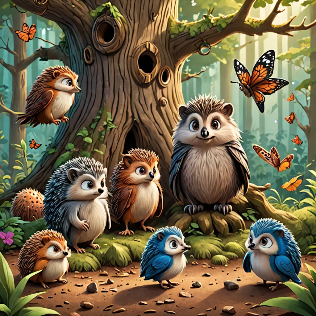 a group of hedgehogs sitting in front of a tree with a butterfly on it's head, fantasy art, a storybook illustration, Chris LaBrooy, behance hd