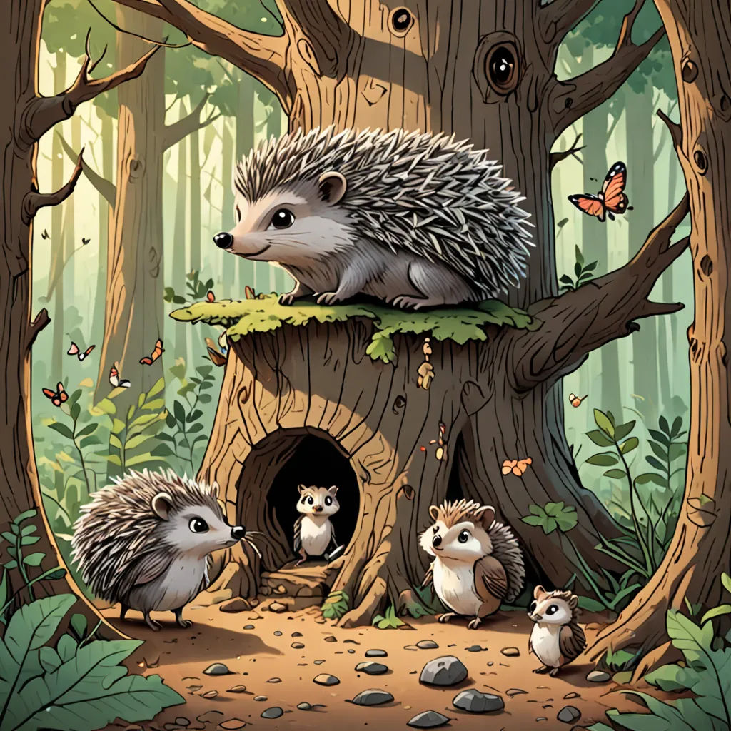 a group of hedgehogs sitting in a tree house in the woods with butterflies flying around them and a butterfly on the tree, fantasy art, a storybook illustration, Chris LaBrooy, storybook illustration