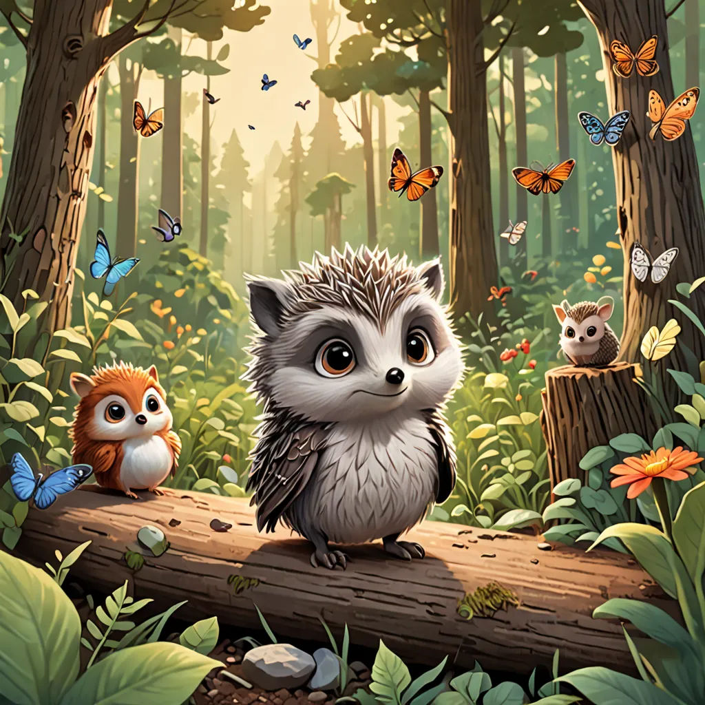 a painting of a hedgehog and a baby hedgehog sitting on a log in a forest with butterflies, sots art, a storybook illustration, Chris LaBrooy, official art