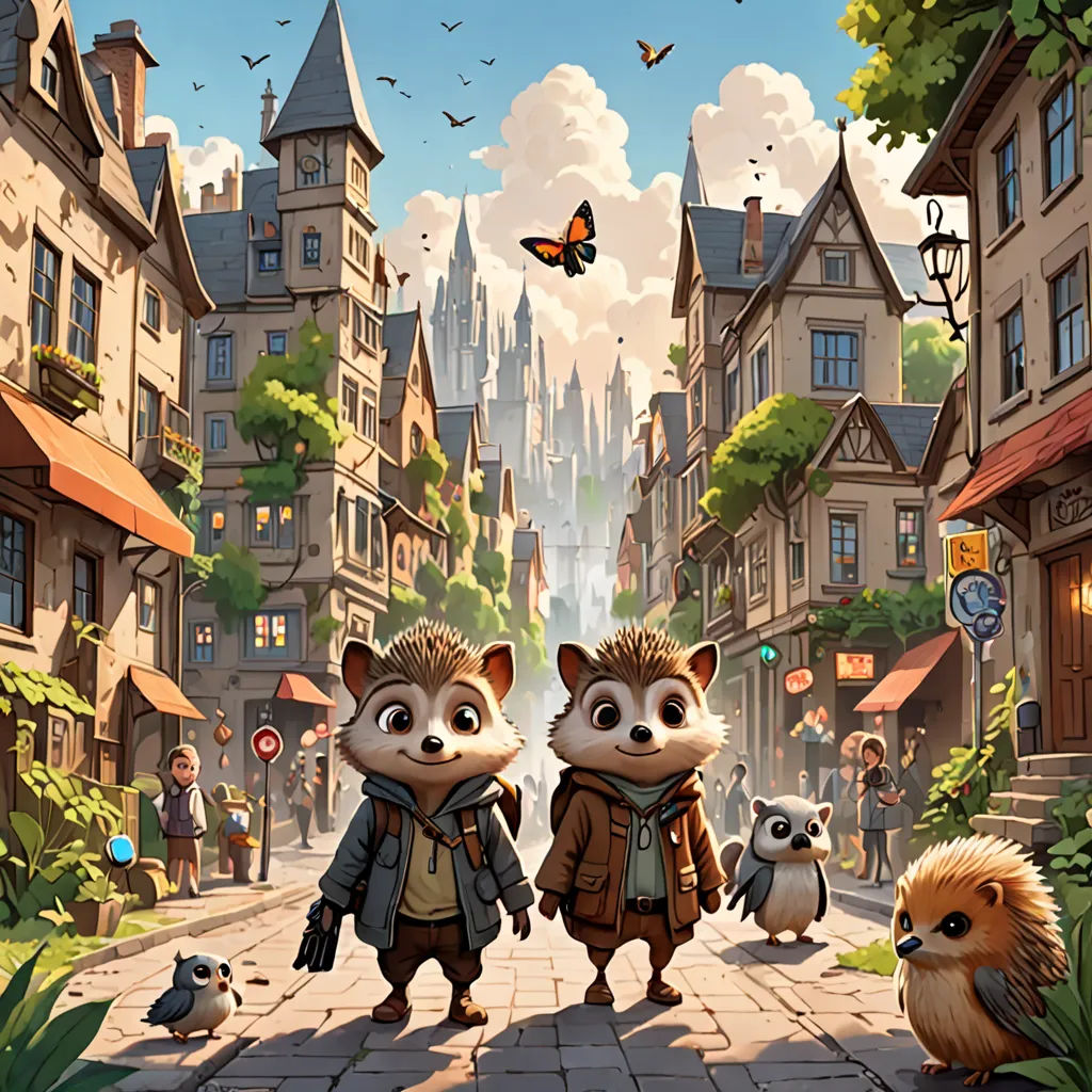 a couple of animals standing on top of a street next to a hedge and a hedgehog in front of a city, furry art, a storybook illustration, Chris LaBrooy, kinkade