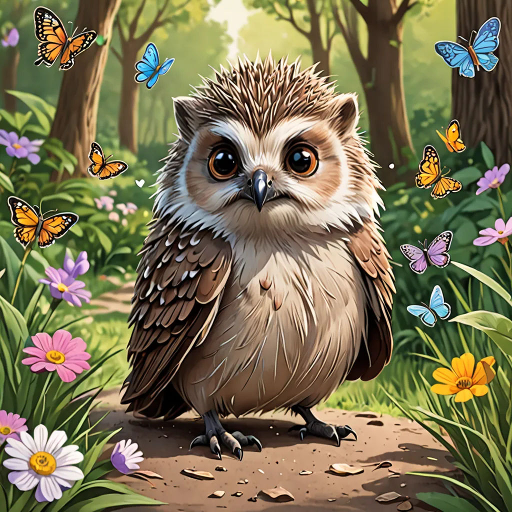 a painting of a small owl sitting on a dirt path in a forest with butterflies around it and a butterfly in the background, fantasy art, a storybook illustration, Chris LaBrooy, game art