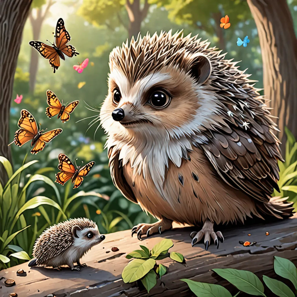 a hedgehog and a hedgehog sitting on a log in a forest with butterflies flying around it and a butterfly on the ground, fantasy art, a storybook illustration, Chris LaBrooy, official art