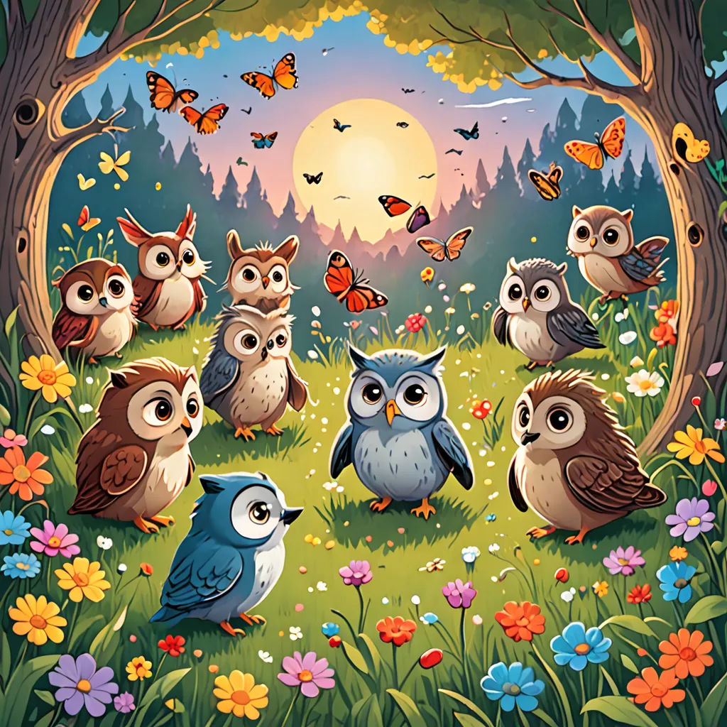 a group of owls sitting in a field of flowers and butterflies with a sunset in the background and a forest with butterflies, pop surrealism, a storybook illustration, Dan Mumford, rossdraws global illumination
