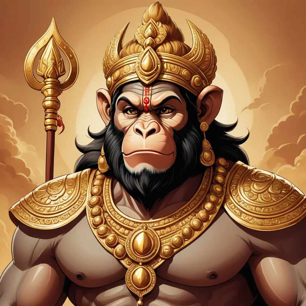a monkey with a golden helmet and a staff in his hand, with a golden staff in his hand, samikshavad, a detailed painting, Bholekar Srihari, highly detailed digital painting