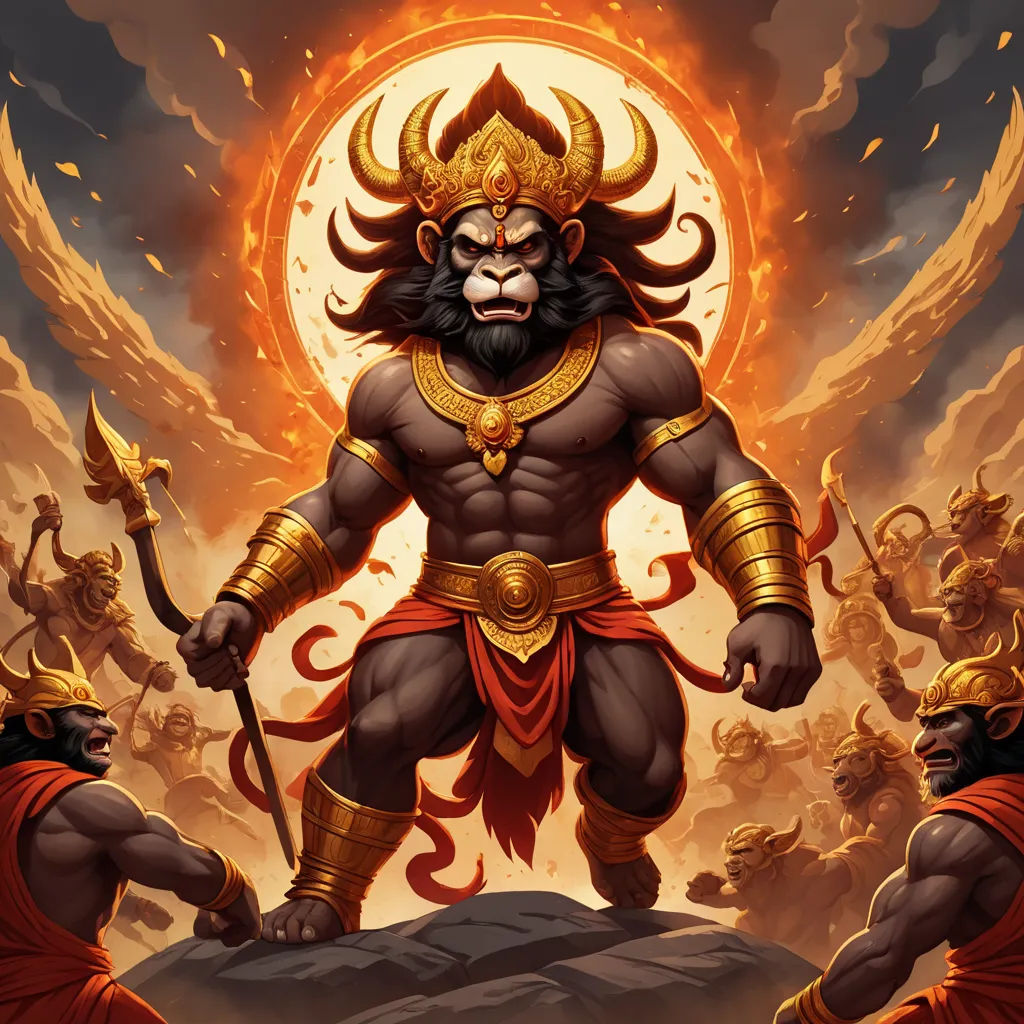 a painting of a demon with a sword and two other men in front of a sun and clouds background, bengal school of art, a detailed painting, Alex Petruk APe, rossdraws global illumination