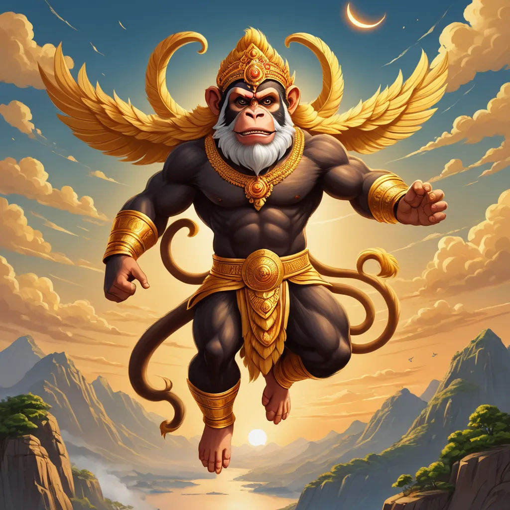 a monkey with a beard and a beard in the air with a golden outfit on it's body, sumatraism, a fine art painting, Alex Petruk APe, rossdraws global illumination