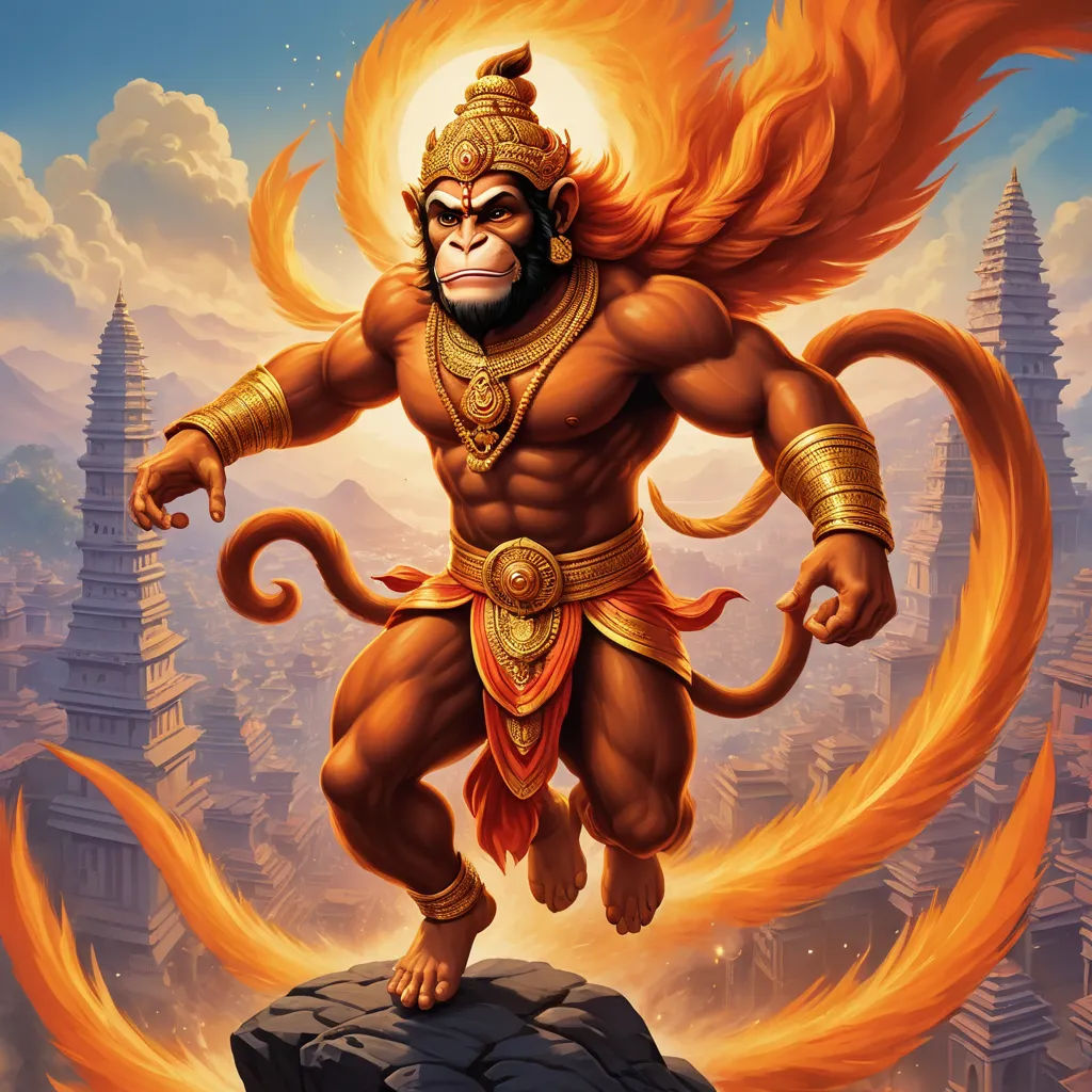 a monkey with a golden outfit and a golden crown on his head is standing on a rock in front of a city, sumatraism, an airbrush painting, Alex Petruk APe, rossdraws global illumination