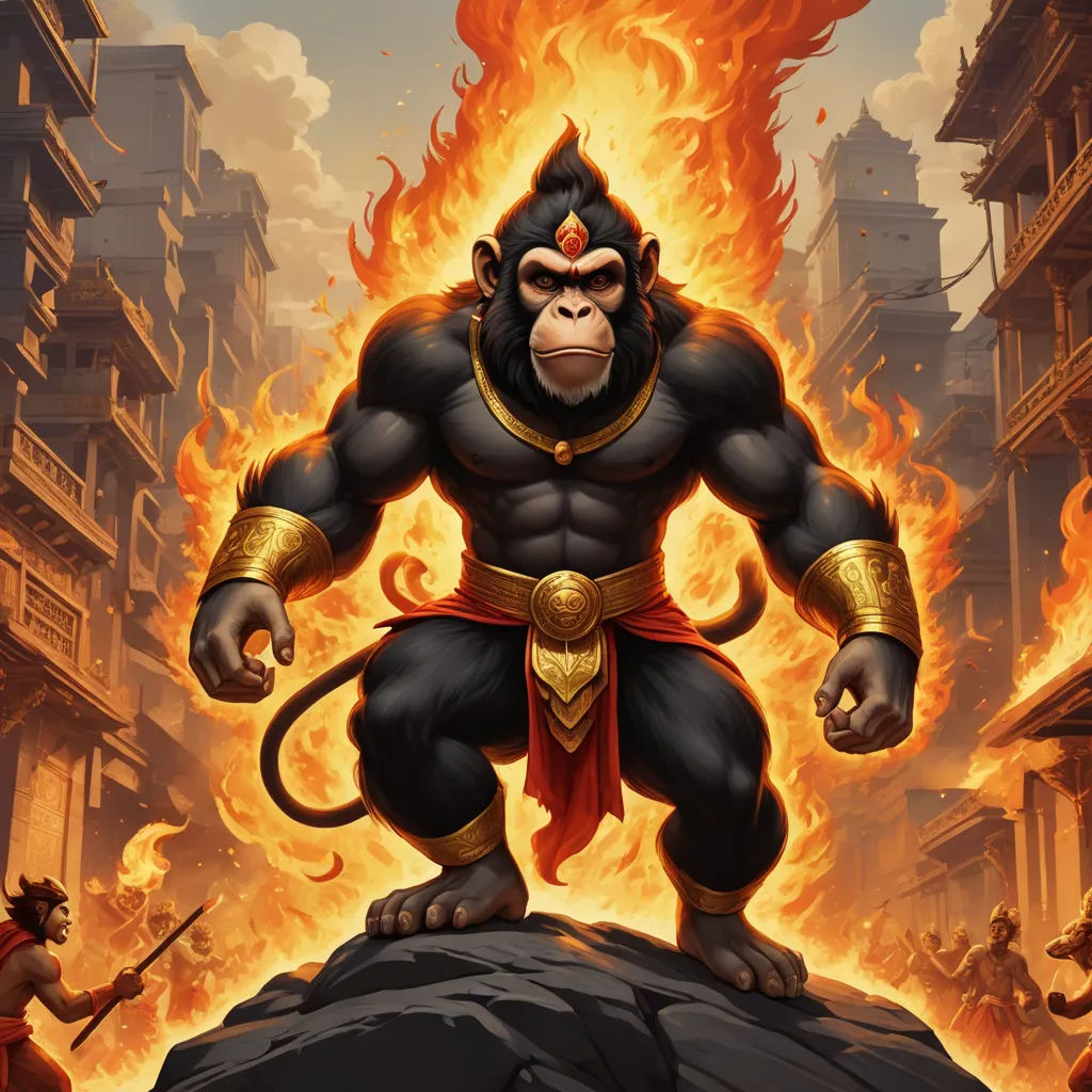 a monkey with a golden belt standing on a rock in front of a fire filled city with buildings and people, sumatraism, a digital painting, Alex Petruk APe, official art