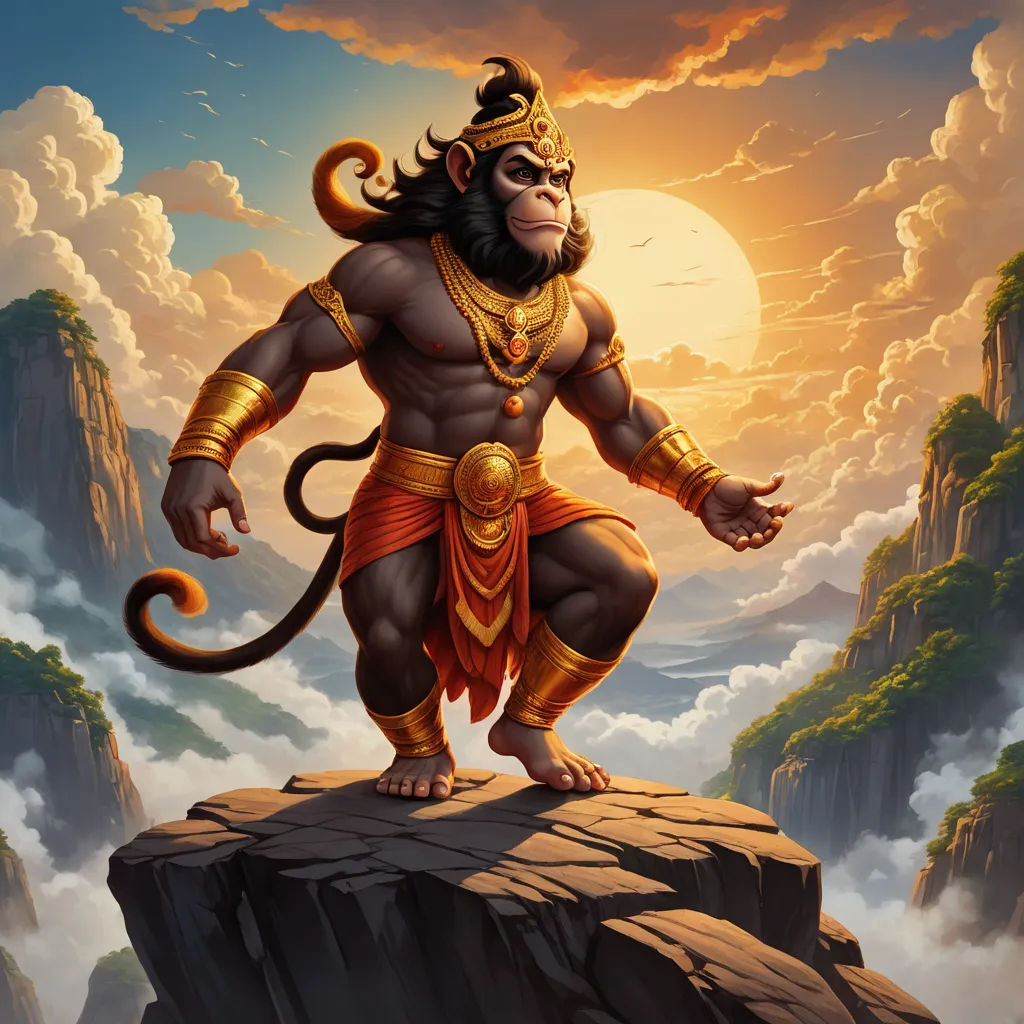a monkey with a golden crown on top of a mountain with clouds and a sun in the background and a mountaintop, fantasy art, a digital painting, Alex Petruk APe, rossdraws global illumination