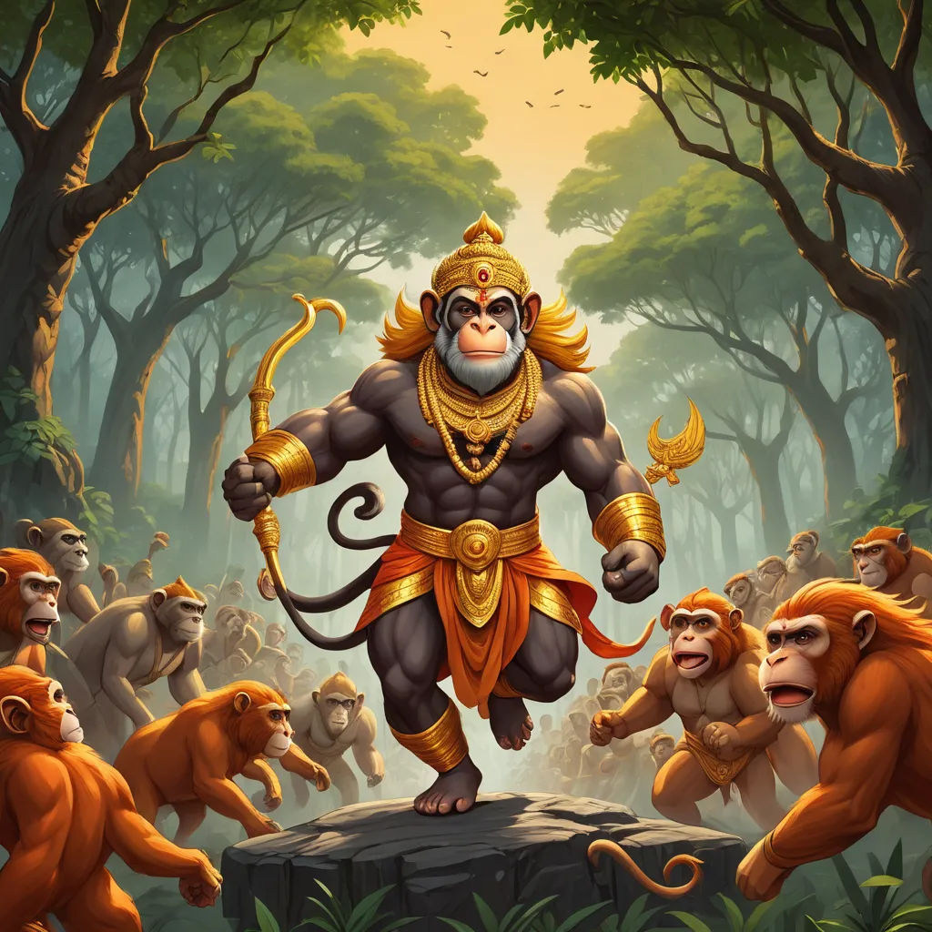 a monkey with a golden crown and a monkey with a golden tail standing in front of a group of monkeys, sumatraism, a detailed painting, Alex Petruk APe, rossdraws global illumination