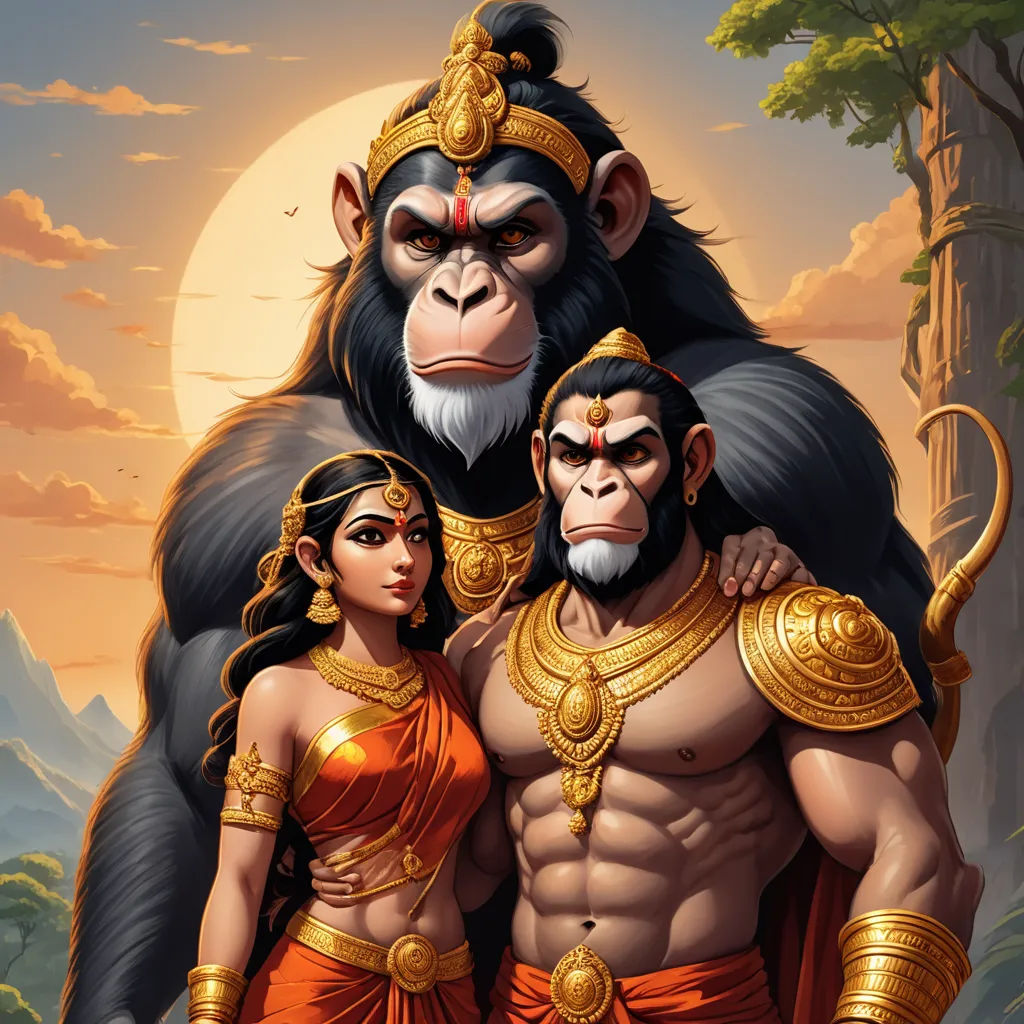 a monkey and a woman standing next to each other in front of a mountain with a sun in the background, bengal school of art, a fine art painting, Art of Brom, official art