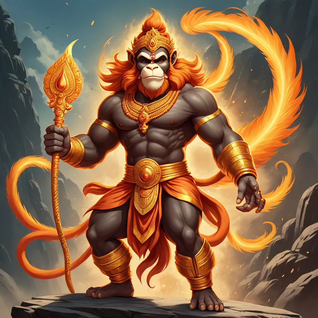 a monkey with a golden head and a golden staff stands on a rock in front of a mountain landscape, sumatraism, a detailed painting, Alex Petruk APe, rossdraws global illumination