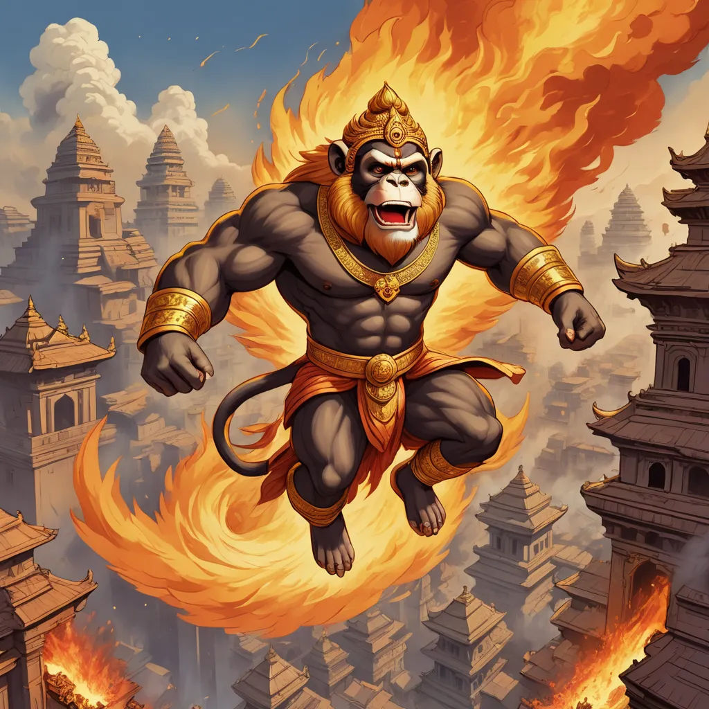 a monkey is flying through the air with fire in his mouth and a city in the background with buildings, sumatraism, a comic book panel, Alex Petruk APe, rossdraws global illumination