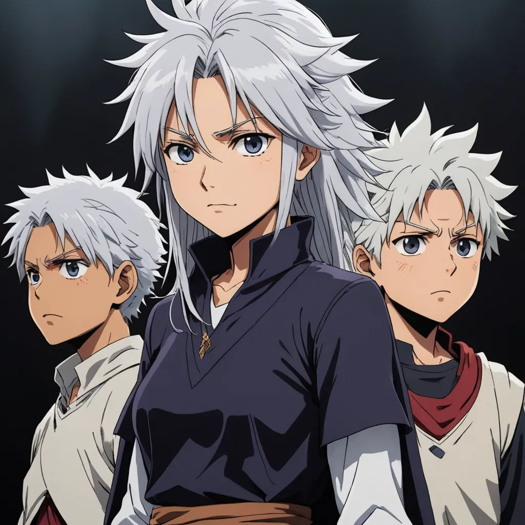 a group of anime characters with white hair and blue eyes, standing together in front of a dark background, rayonism, poster art, Baiōken Eishun, official art