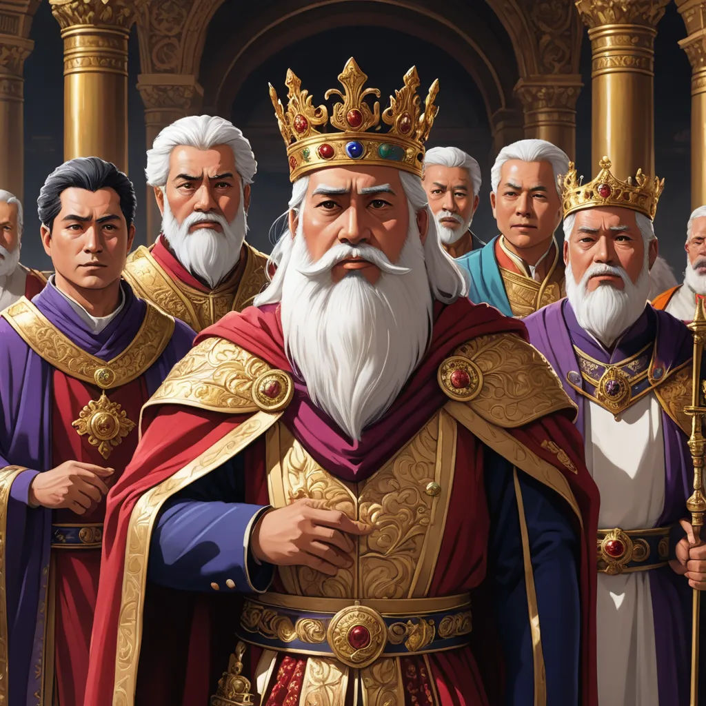 a group of men in medieval clothing standing next to each other with a crown on their head and a sword in their hand, sumatraism, a detailed drawing, Emperor Huizong of Song, very detailed faces