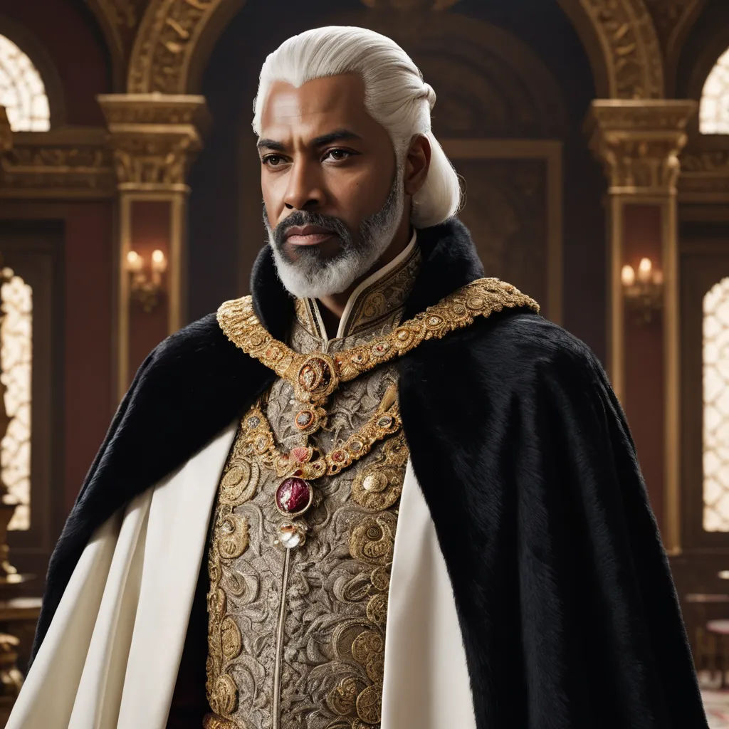 a man in a white and black outfit with a white beard and a white beard wearing a black and gold outfit, afrofuturism, a character portrait, Derek Hill, regal
