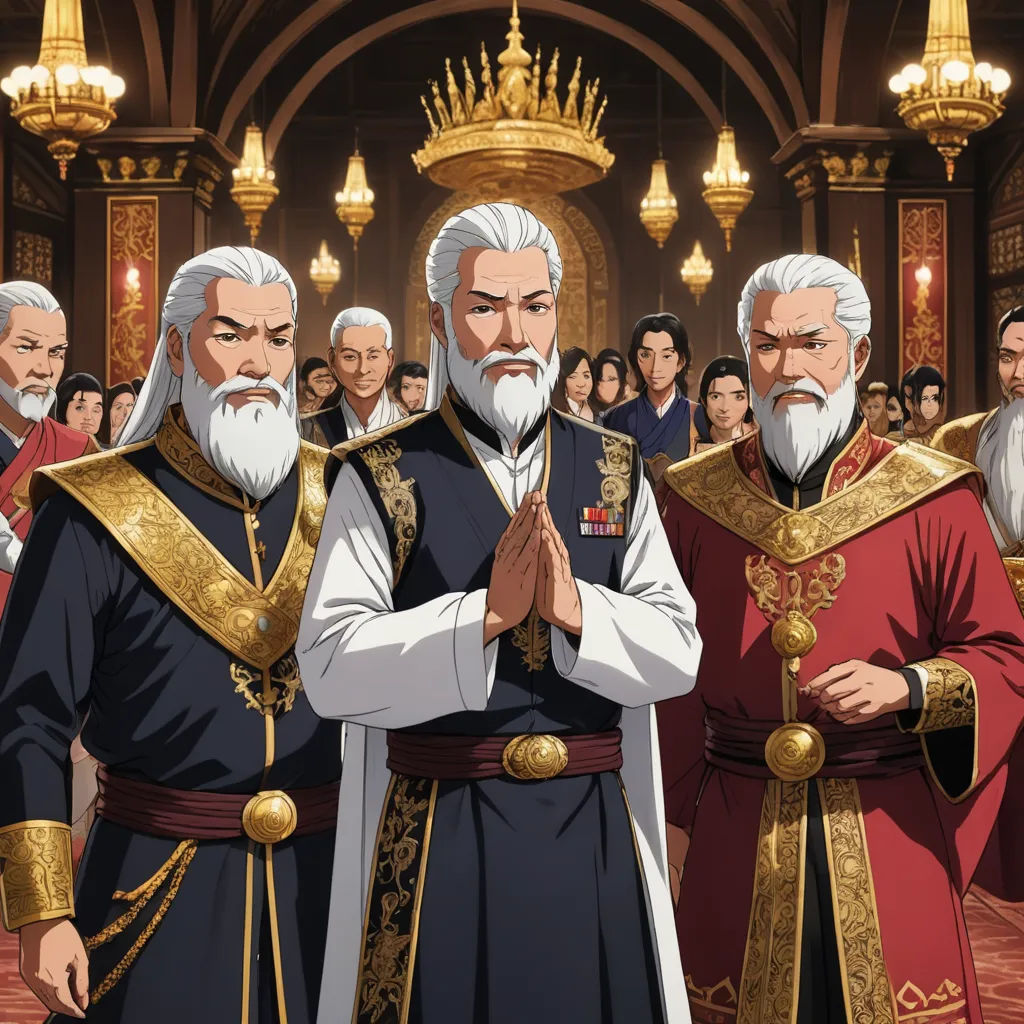 a group of men standing next to each other in front of a crowd of people in a building with gold trimmings, rayonism, concept art, An Gyeon, official art