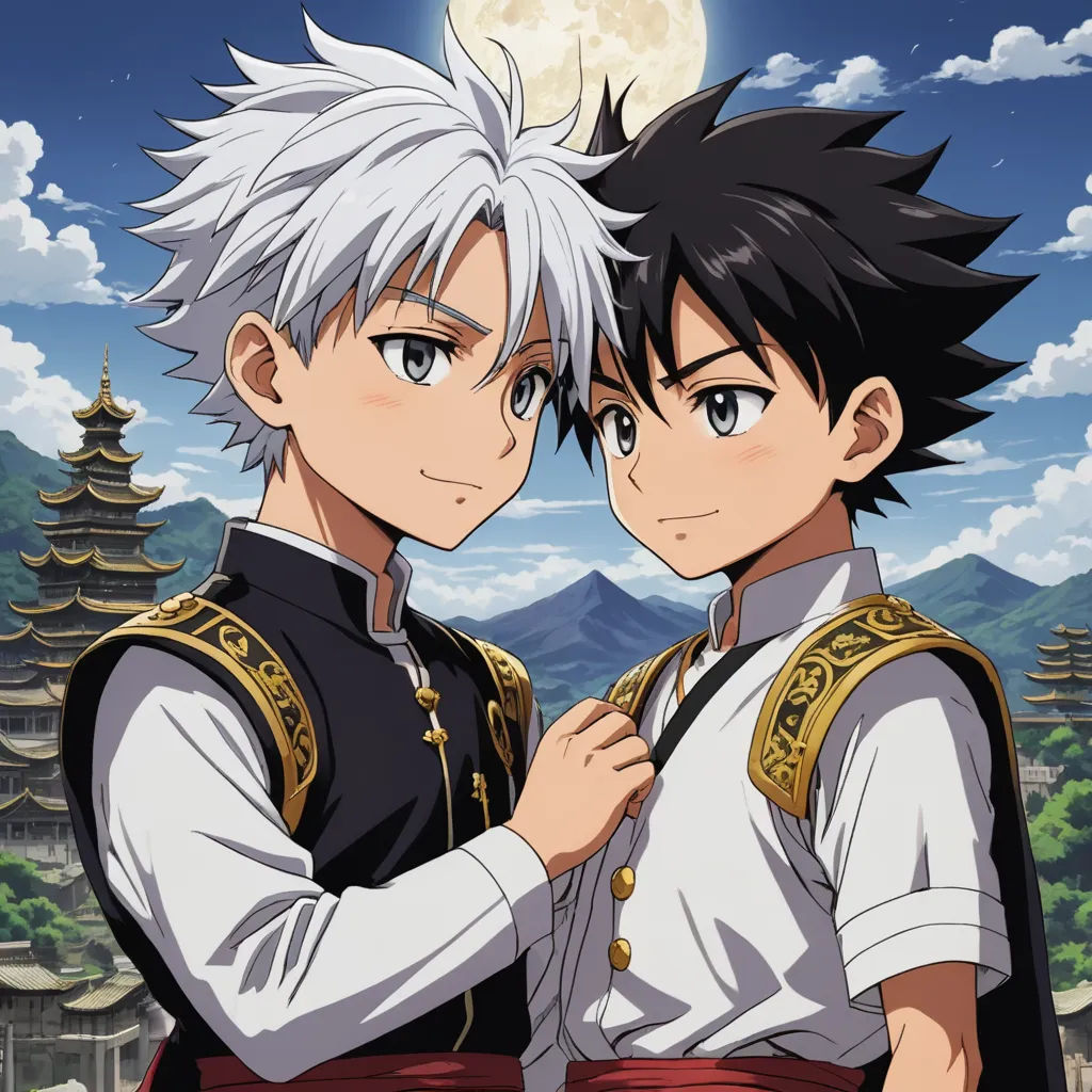two anime characters standing next to each other in front of a full moon and a castle with a full moon, romanticism, a poster, Aya Goda, official art