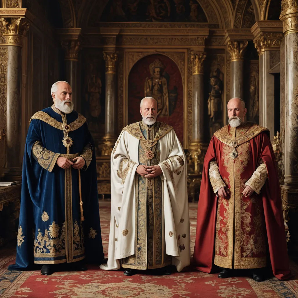 three men in robes standing in a room with a red carpet and gold decorations on the walls and floor, renaissance, a flemish Baroque, Artur Tarnowski, movie still