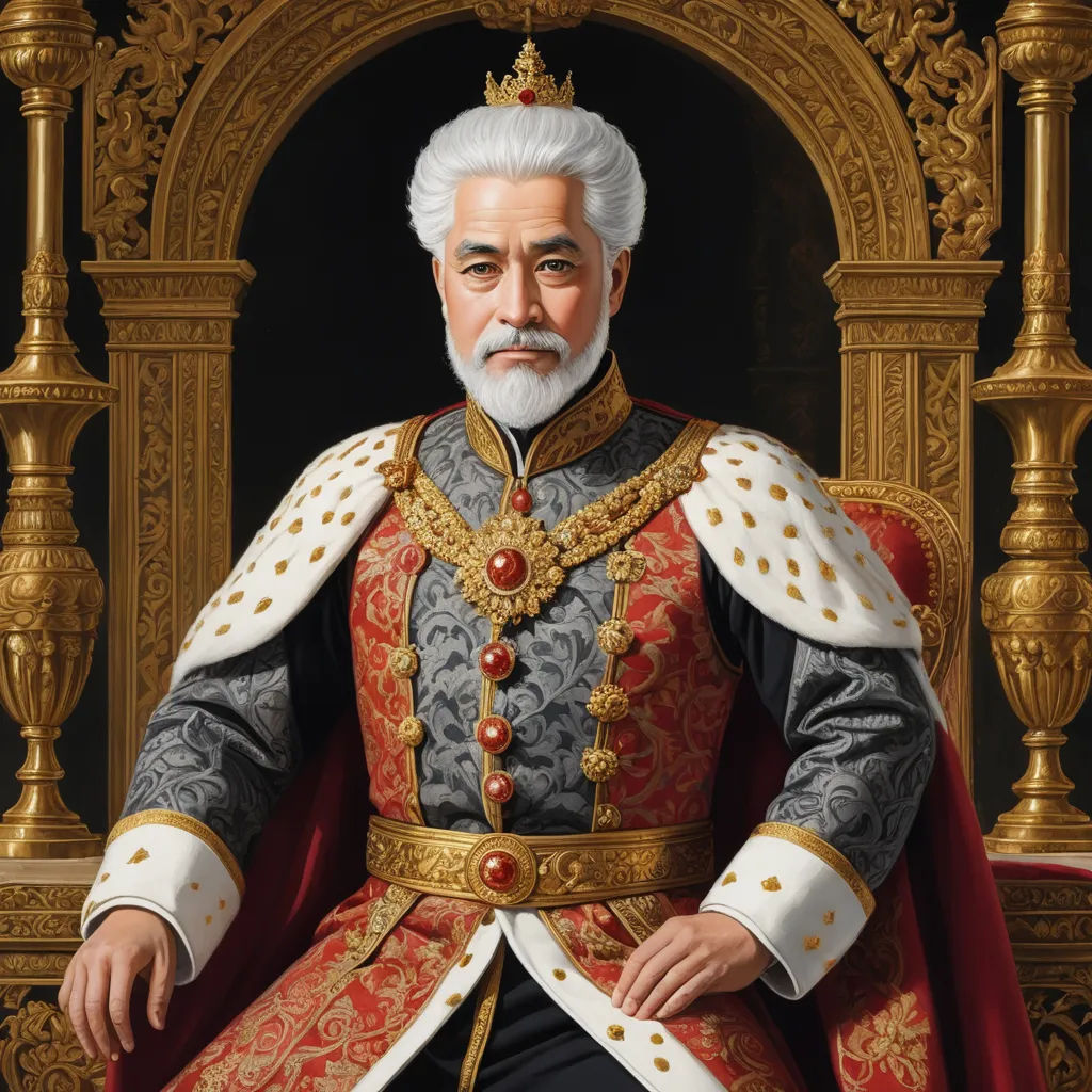 a painting of a man in a red and gold outfit with a white beard and a white mustache and wearing a crown, qajar art, an ultrafine detailed painting, Edward George Handel Lucas, highly detailed digital painting