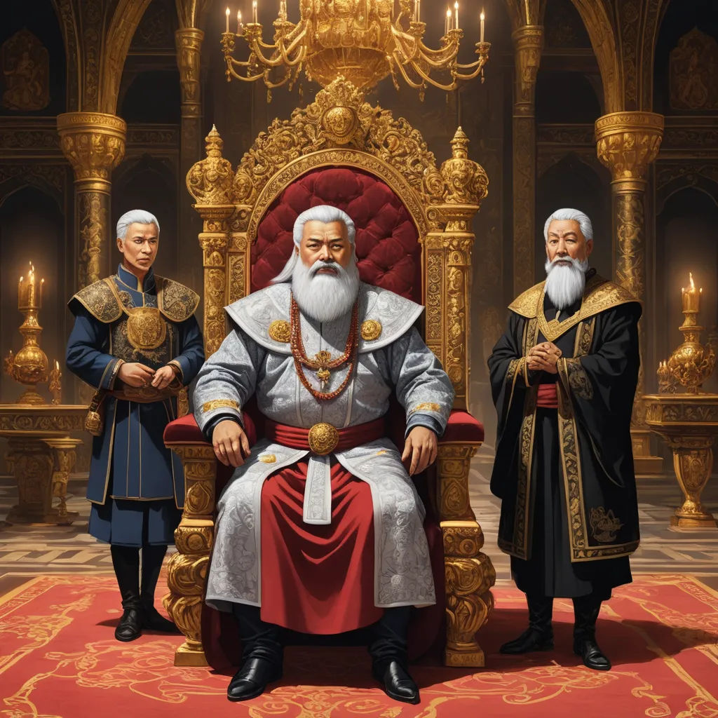 a painting of a king sitting on a throne with two other men standing behind him and a woman standing behind him, sots art, an ultrafine detailed painting, Arkhip Kuindzhi, official art