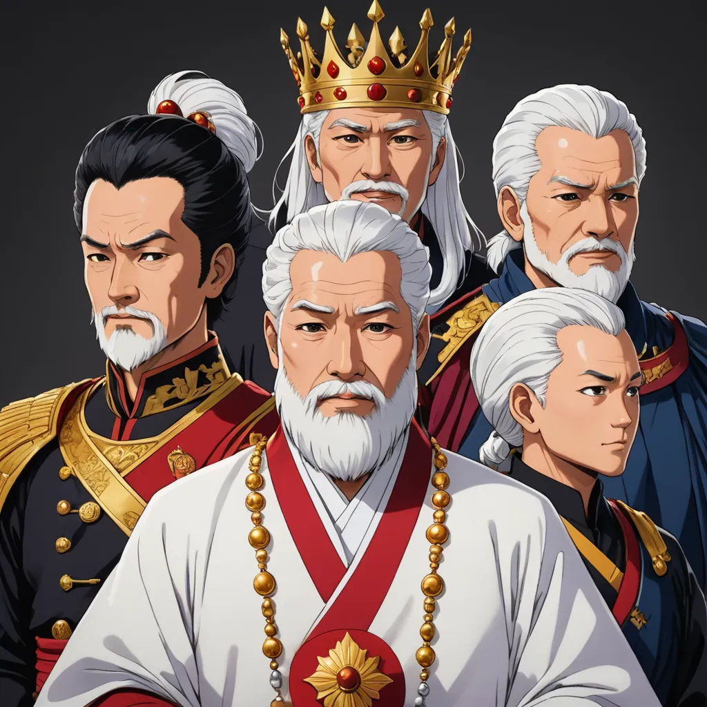 a group of men in uniform with a crown on their head and a sword in their hand, with a black background, sots art, concept art, Baiōken Eishun, official art