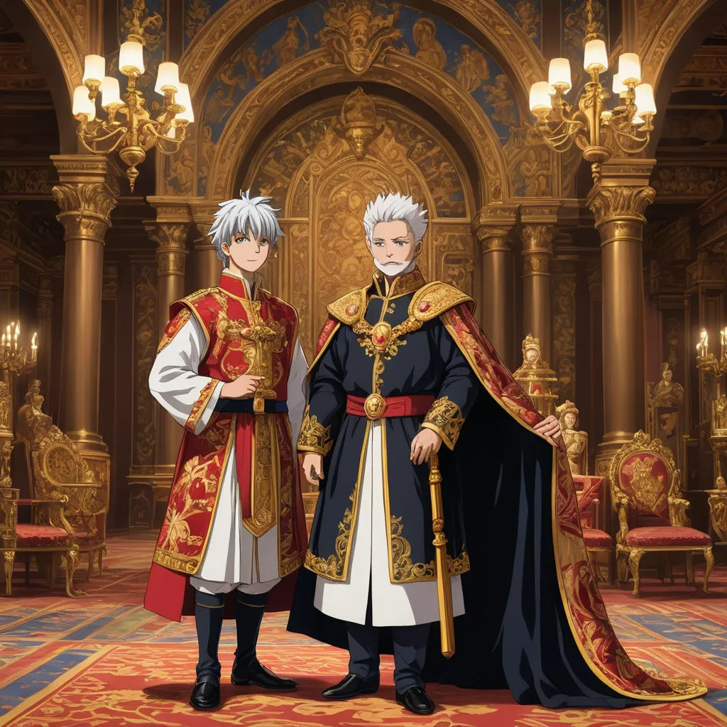 a couple of people standing next to each other in a room with gold and red decorations on the walls, rococo, concept art, Bourgeois, official art