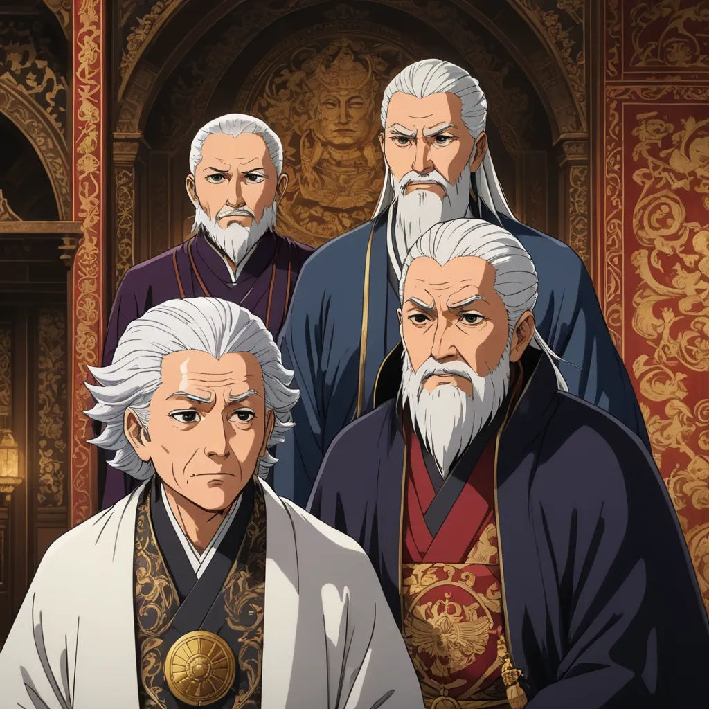 a group of people standing next to each other in front of a building with a golden door and a red carpet, ukiyo-e, concept art, Baiōken Eishun, official art
