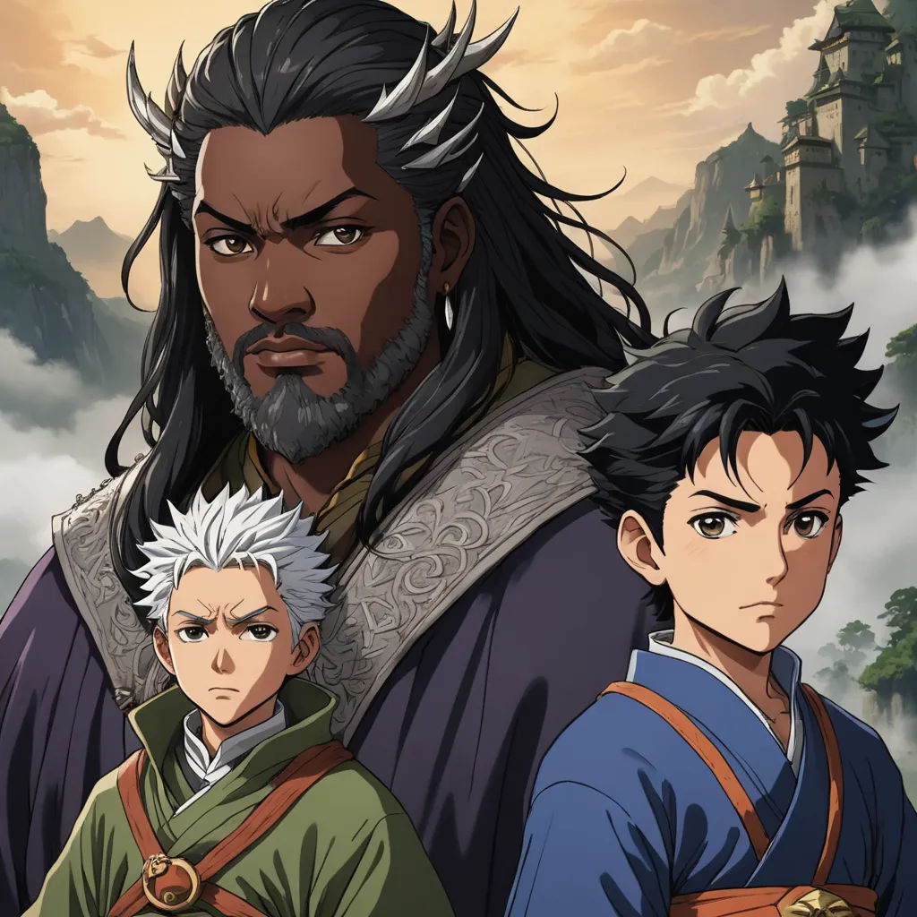 a group of people standing next to each other in front of a mountain range with clouds and trees in the background, sots art, a poster, Baiōken Eishun, official art