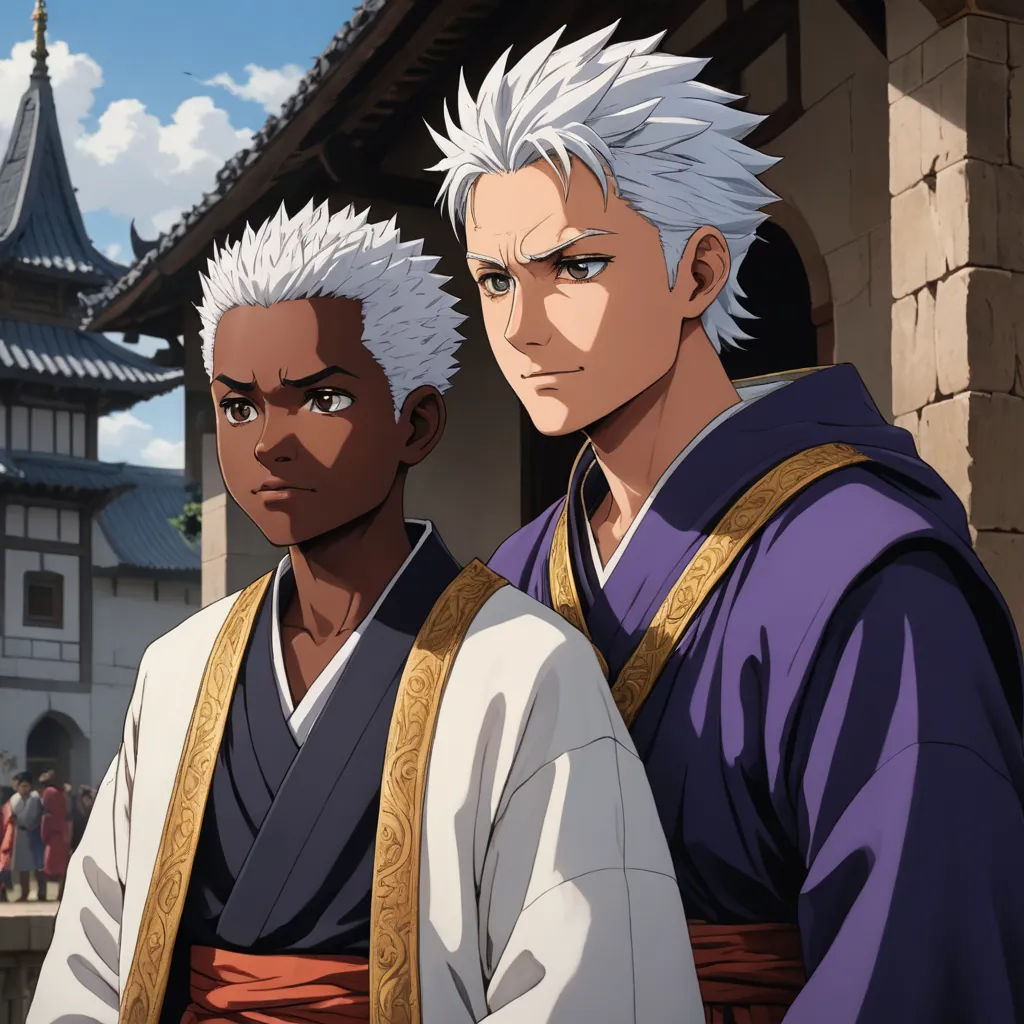 two men in ancient costumes standing next to each other in front of a building with a tower in the background, sots art, concept art, Adam Manyoki, official art