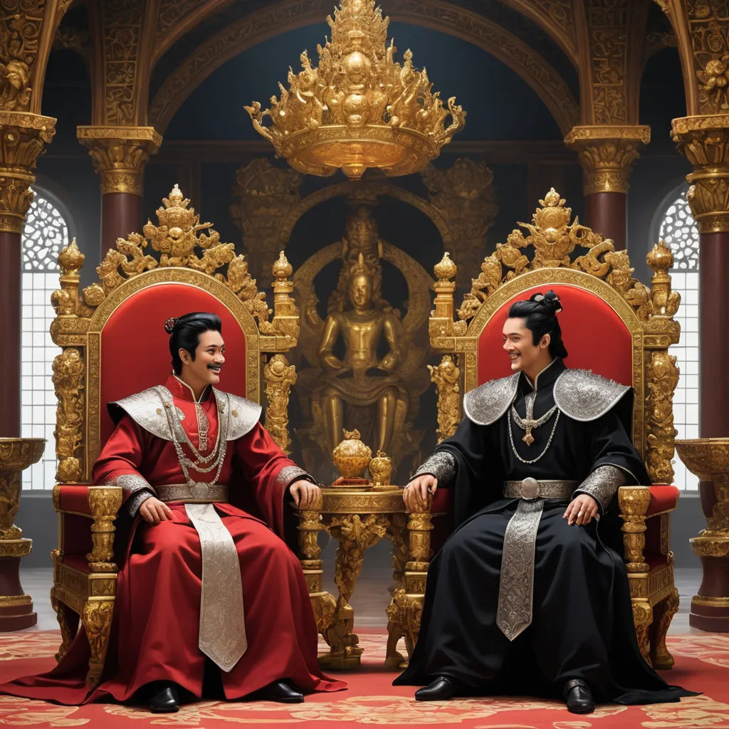 a couple of people sitting in chairs in a room with a gold statue behind them and a red carpet, visual art, a detailed matte painting, Fang Congyi, movie still
