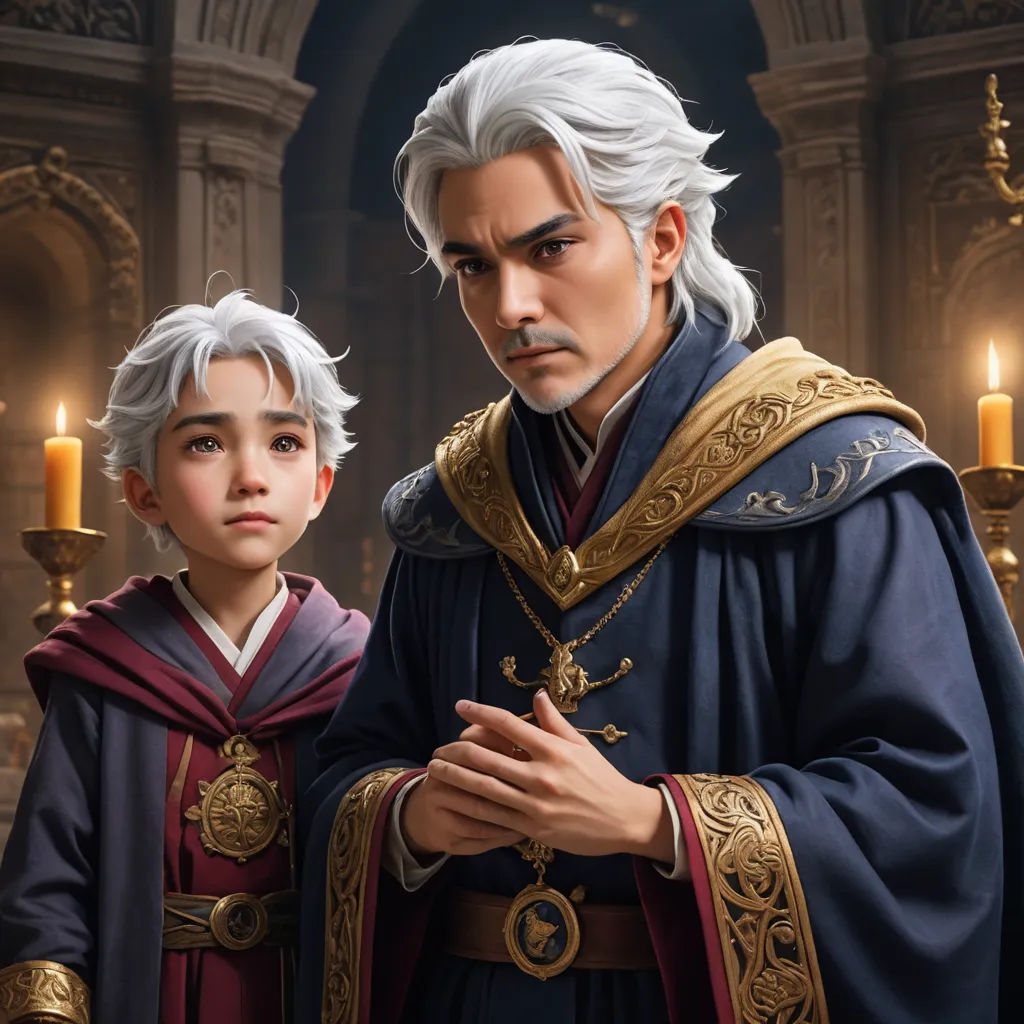 a man and a boy in medieval clothing standing next to each other in front of a candle lit room, sots art, concept art, Brothers Hildebrandt, official art