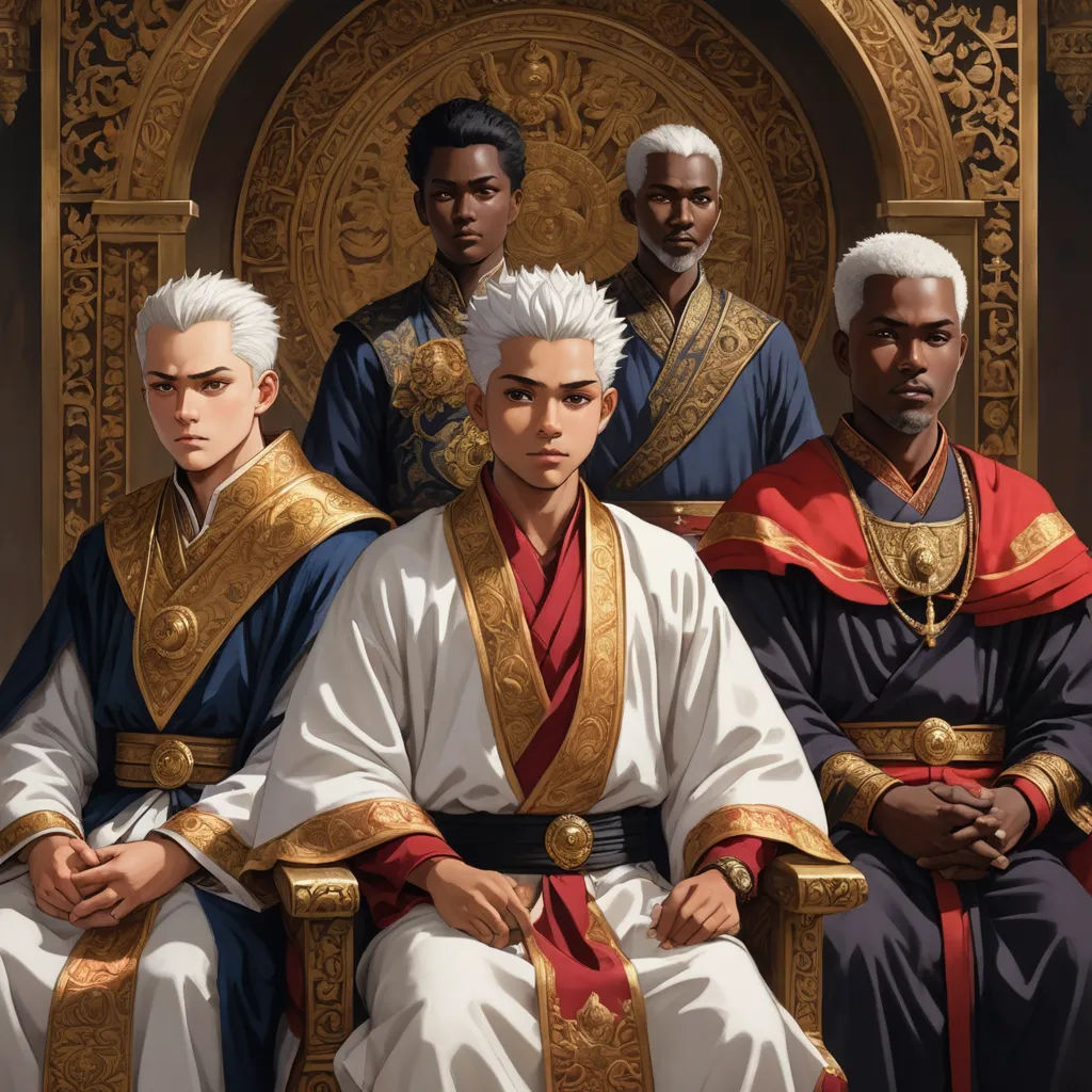 a group of men sitting next to each other on a chair in front of a golden wall with a clock, sots art, concept art, Cedric Seaut (Keos Masons), official art