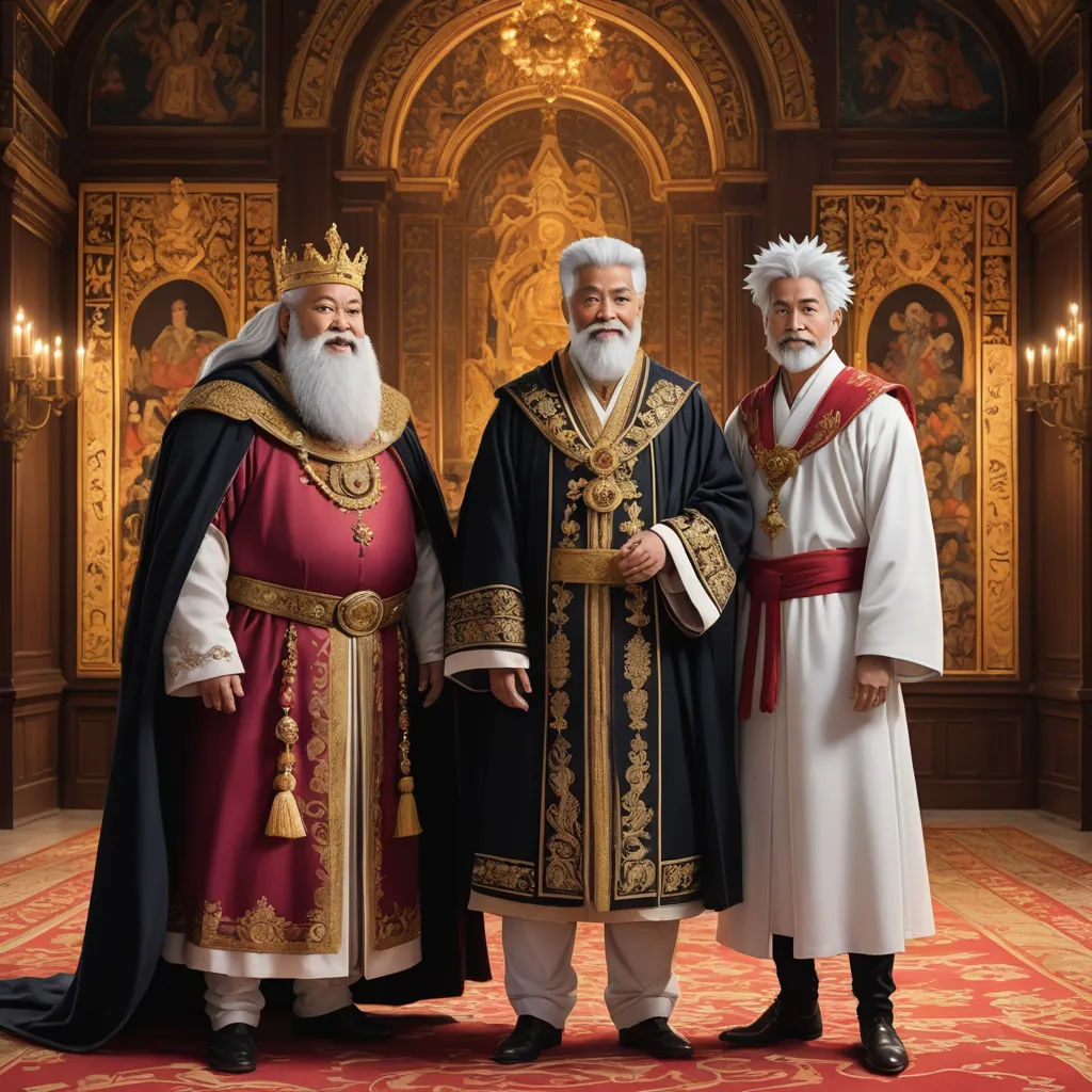 three men in robes standing next to each other in a room with gold and red decorations on the walls, letterism, a poster, Bourgeois, promotional image