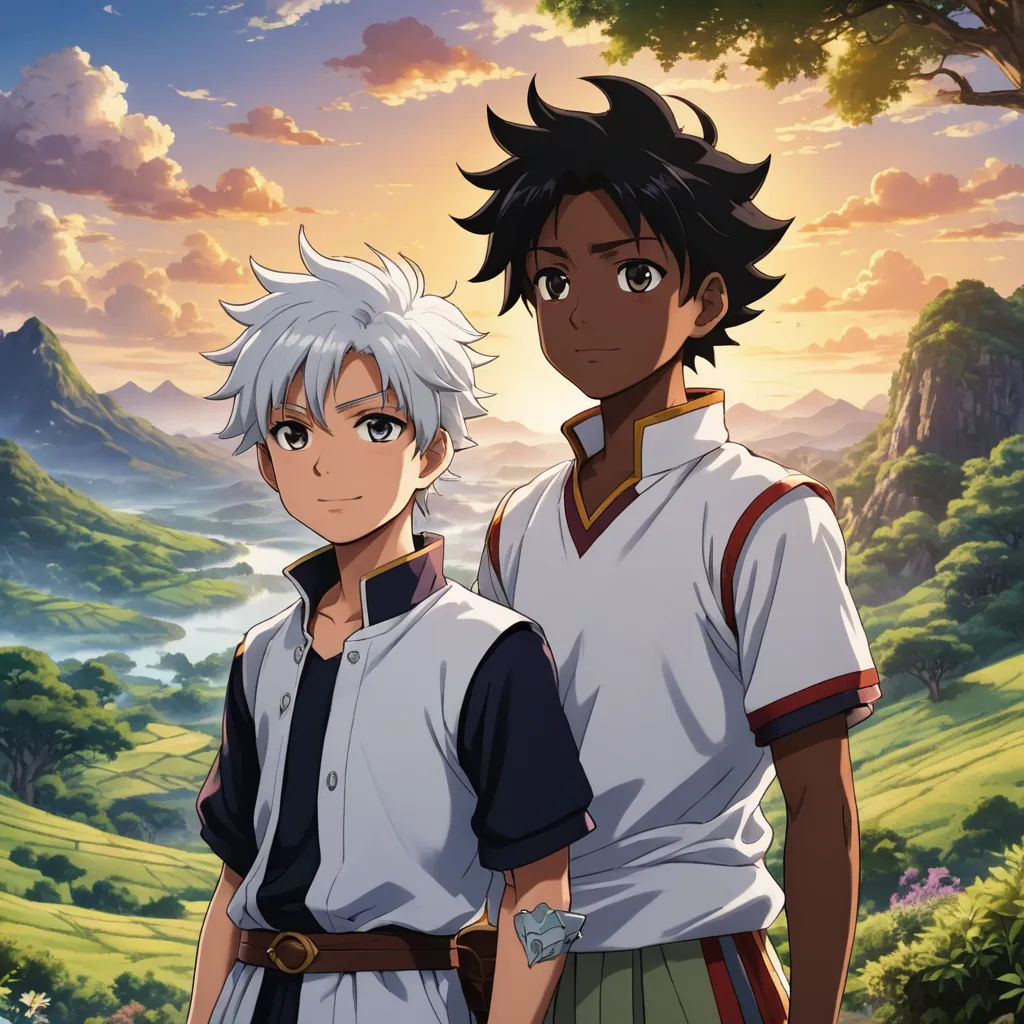 two anime characters standing in front of a sunset background with mountains and trees in the background, one of them is wearing a white and the other is wearing a black, sots art, a poster, Anne Said, anime key visual
