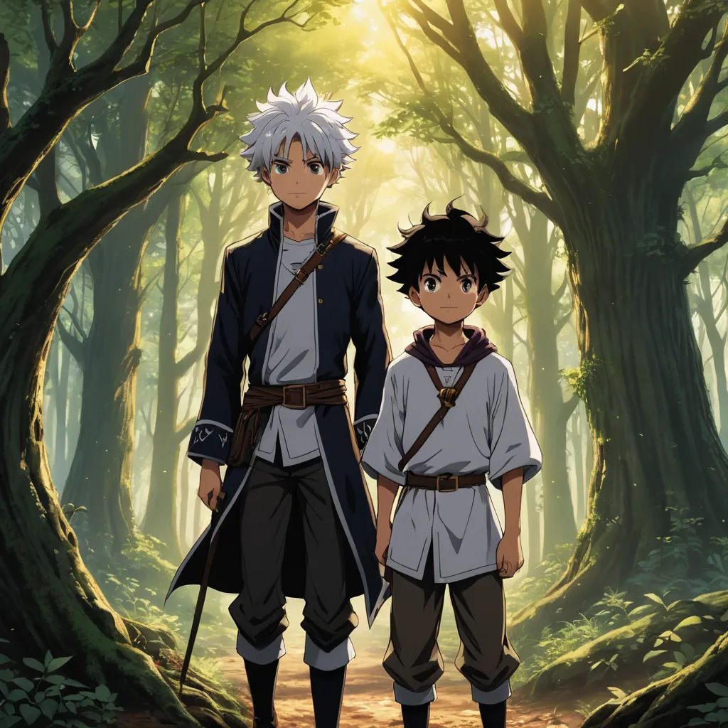 two anime characters standing in a forest with trees in the background and sunlight shining through the trees behind them, rayonism, poster art, Baiōken Eishun, anime key visual