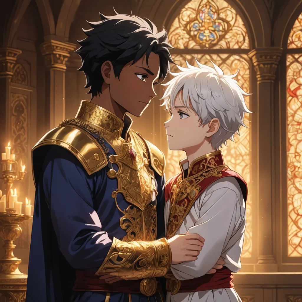 a couple of people standing next to each other in front of a window with stained glass windows behind them, sots art, a poster, Bálint Kiss, official art